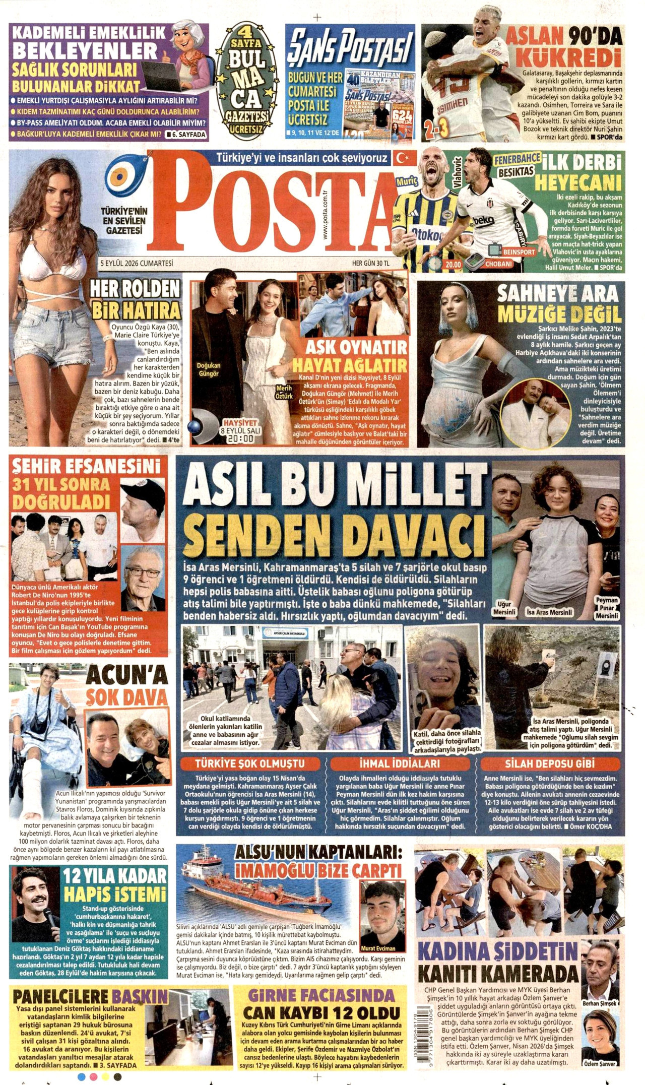 POSTA gazetesinin 5 Eylül 2026 tarihli birinci sayfası
