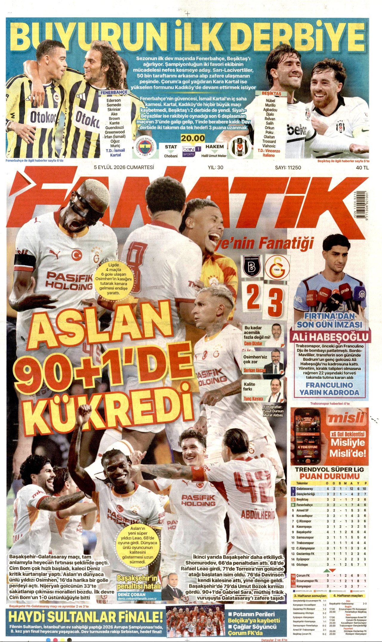 FANATİK gazetesinin 5 Eylül 2026 tarihli birinci sayfası