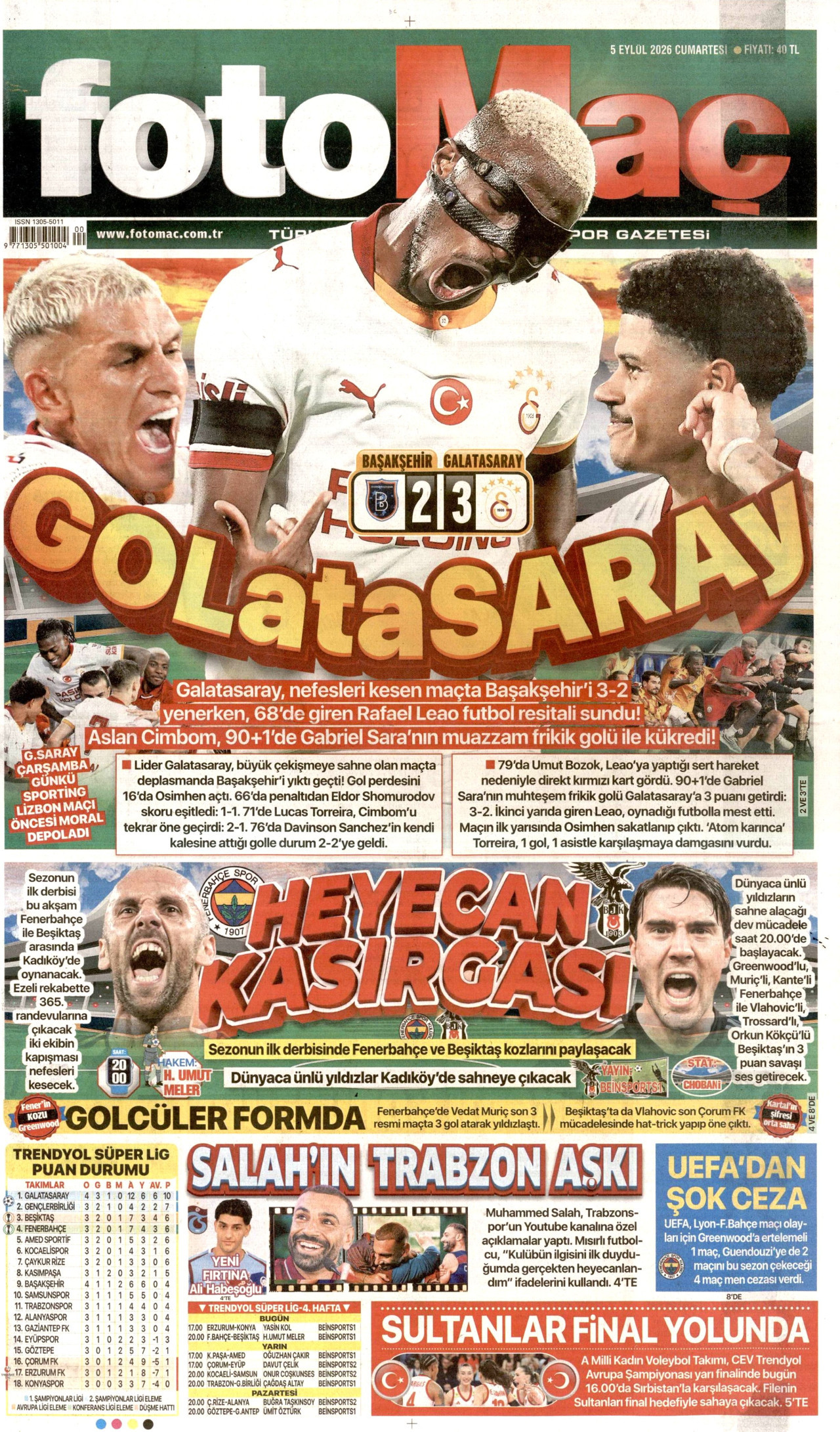 FOTOMAÇ gazetesinin 5 Eylül 2026 tarihli birinci sayfası