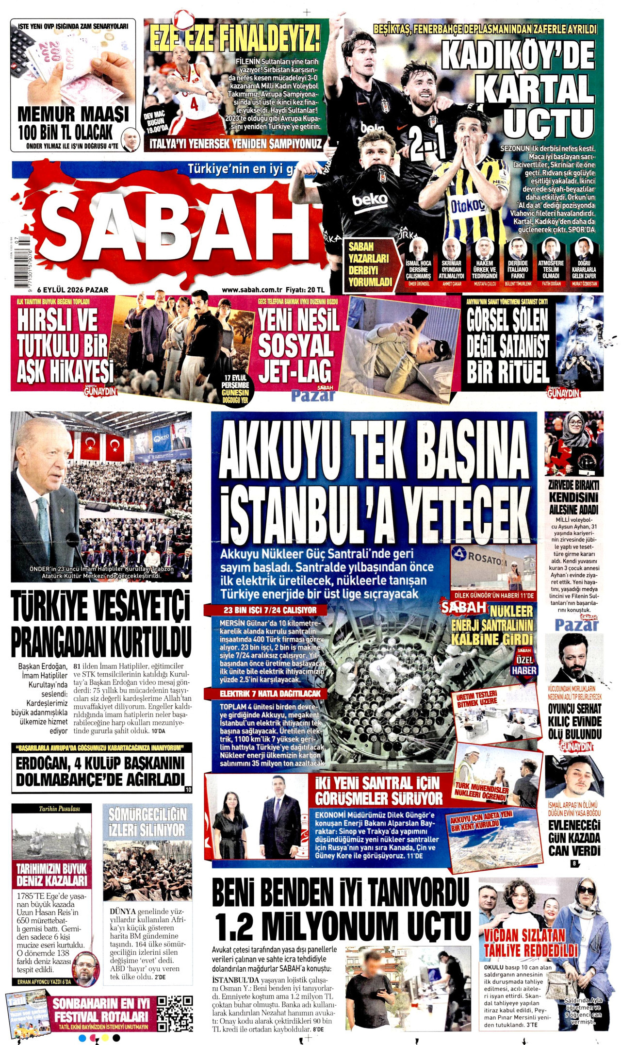 SABAH gazetesinin 6 Eylül 2026 tarihli birinci sayfası