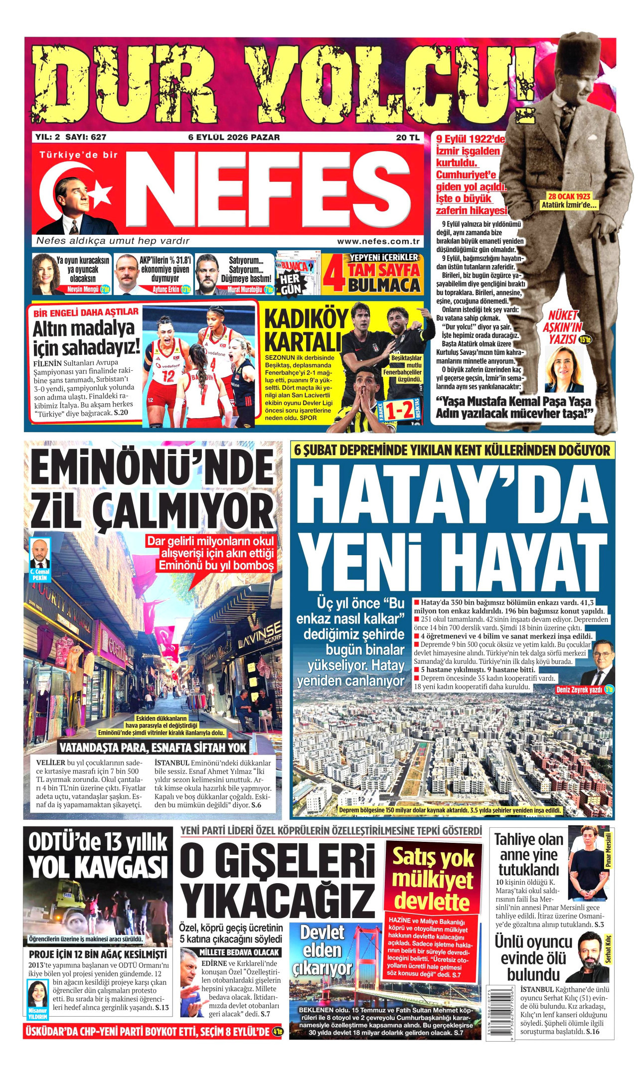 NEFES gazetesinin 6 Eylül 2026 tarihli birinci sayfası