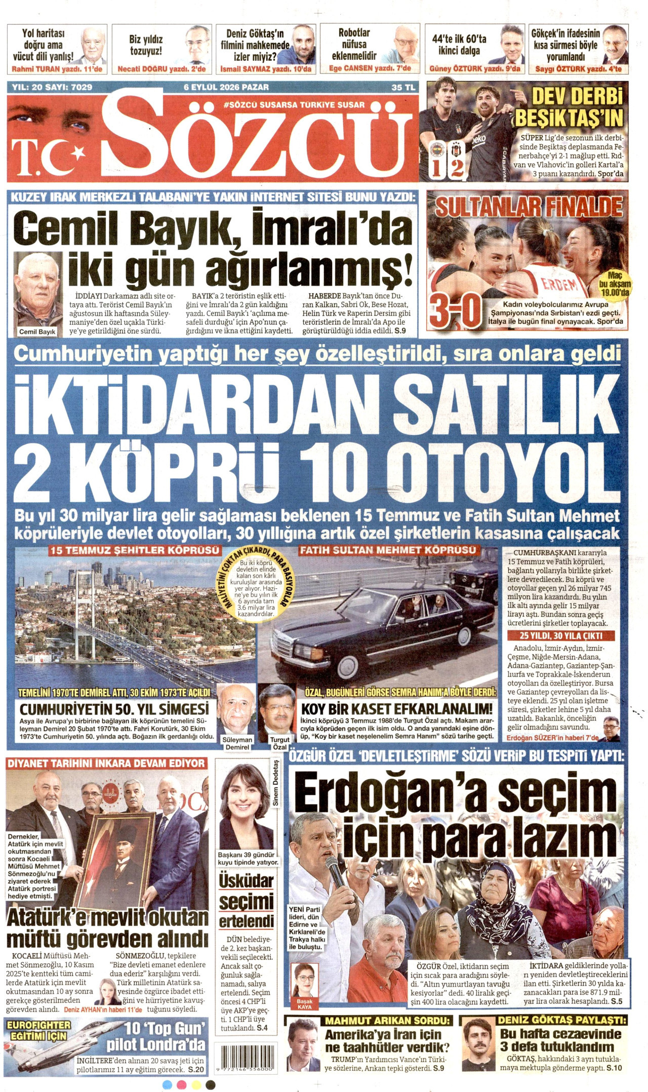 SÖZCÜ gazetesinin 6 Eylül 2026 tarihli birinci sayfası