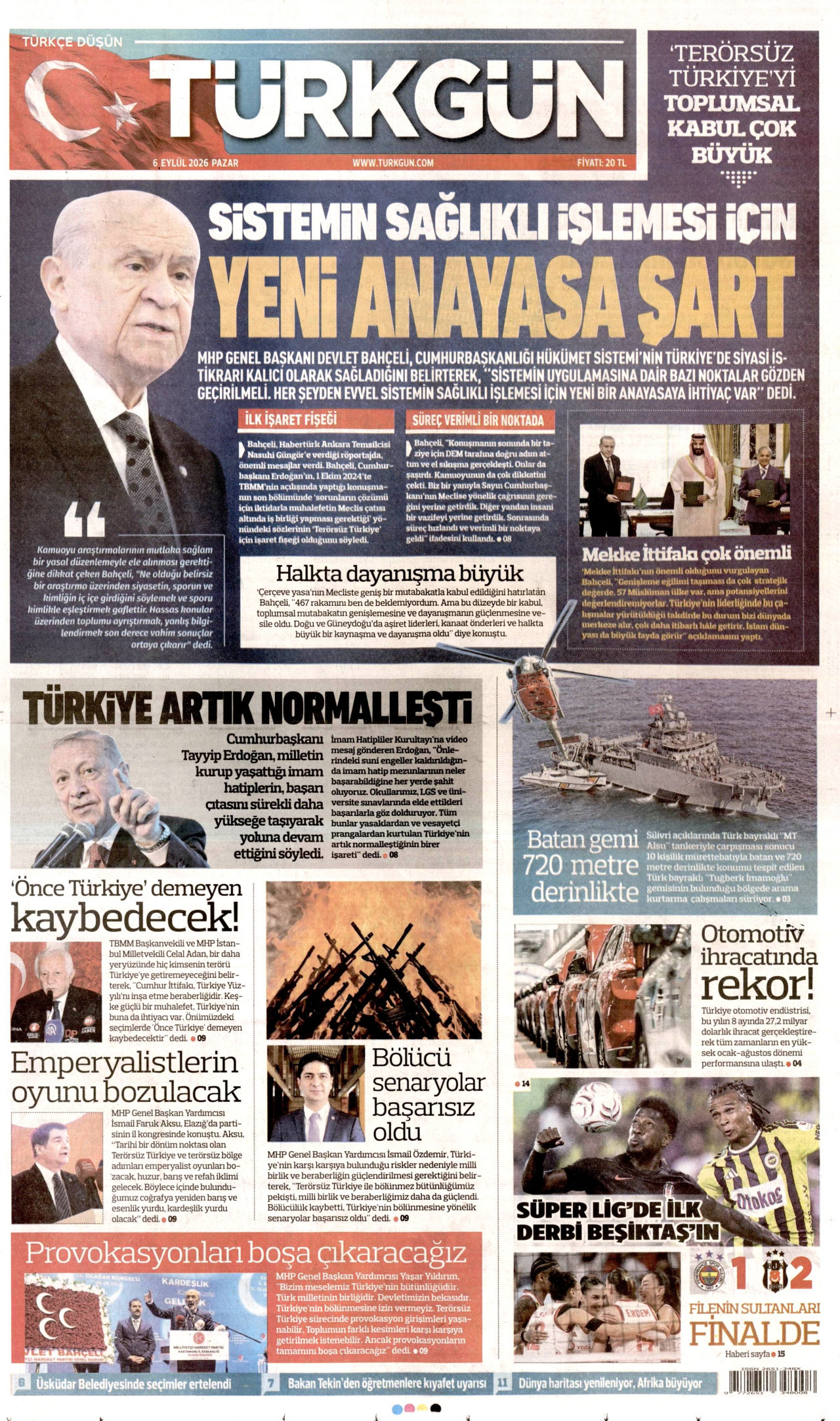 TÜRKGÜN gazetesinin 6 Eylül 2026 tarihli birinci sayfası