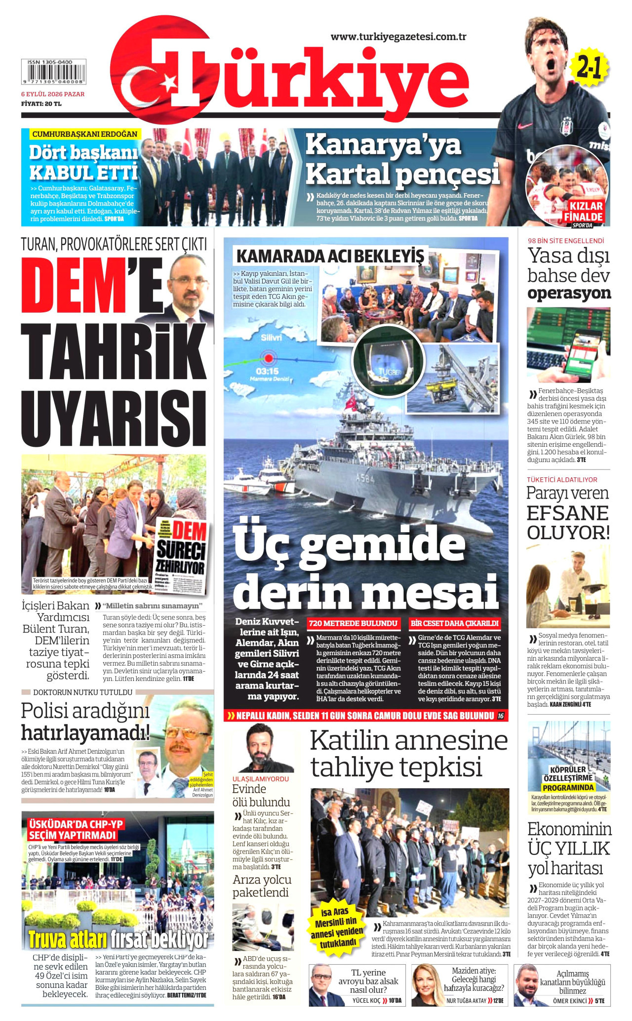 TÜRKİYE GAZETESİ gazetesinin 6 Eylül 2026 tarihli birinci sayfası