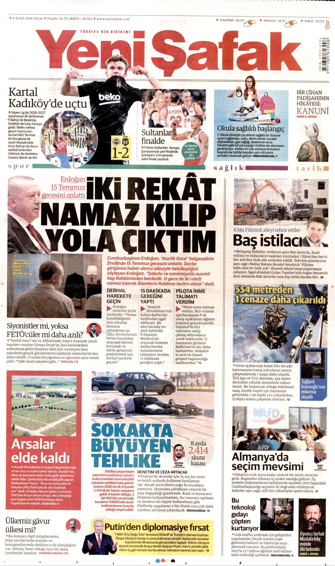 YENİ ŞAFAK gazetesinin 6 Eylül 2026 tarihli birinci sayfası