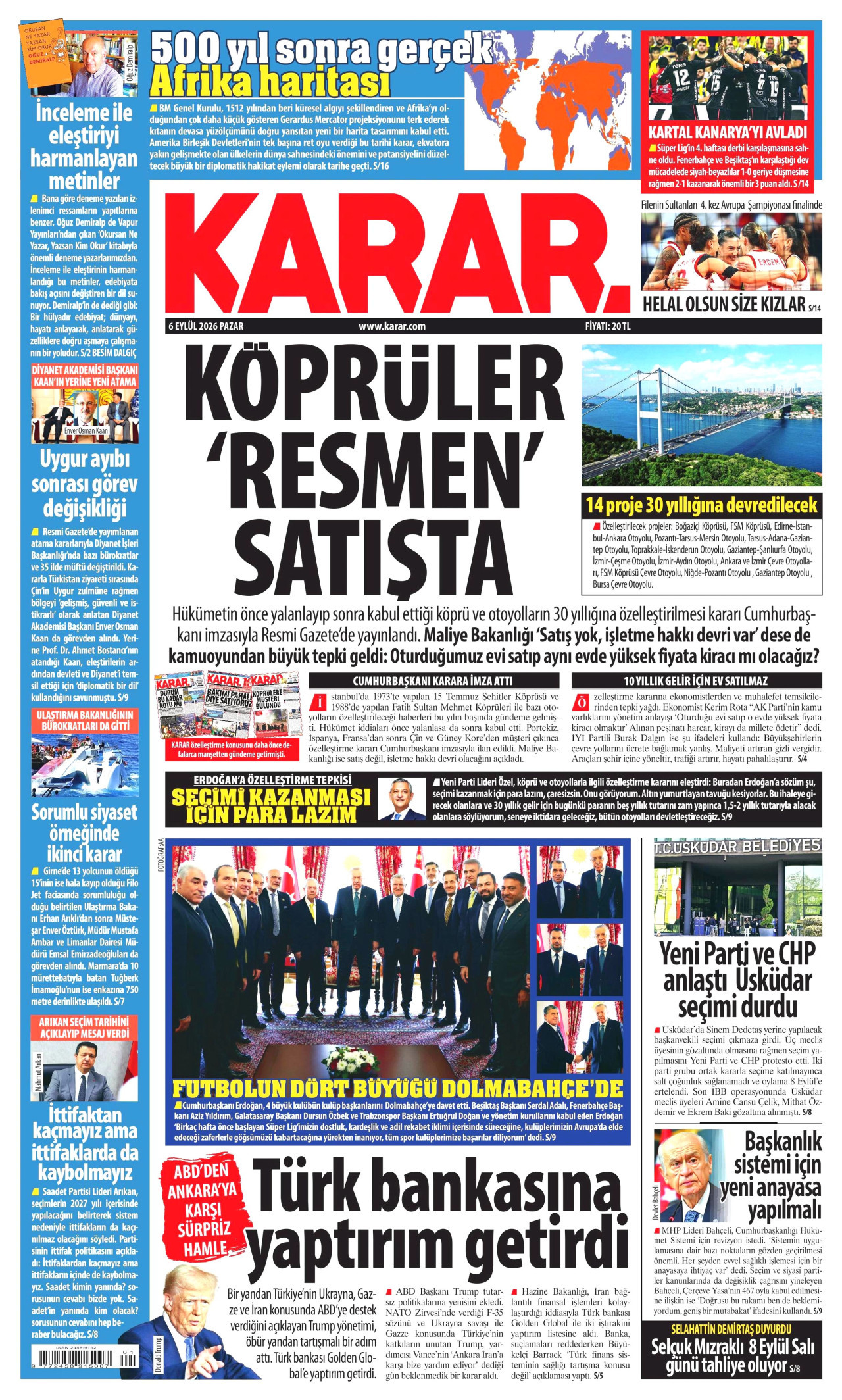 KARAR gazetesinin 6 Eylül 2026 tarihli birinci sayfası