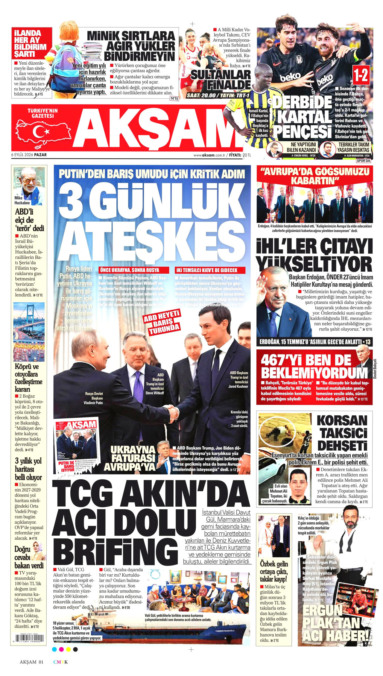 AKŞAM gazetesinin 6 Eylül 2026 tarihli birinci sayfası