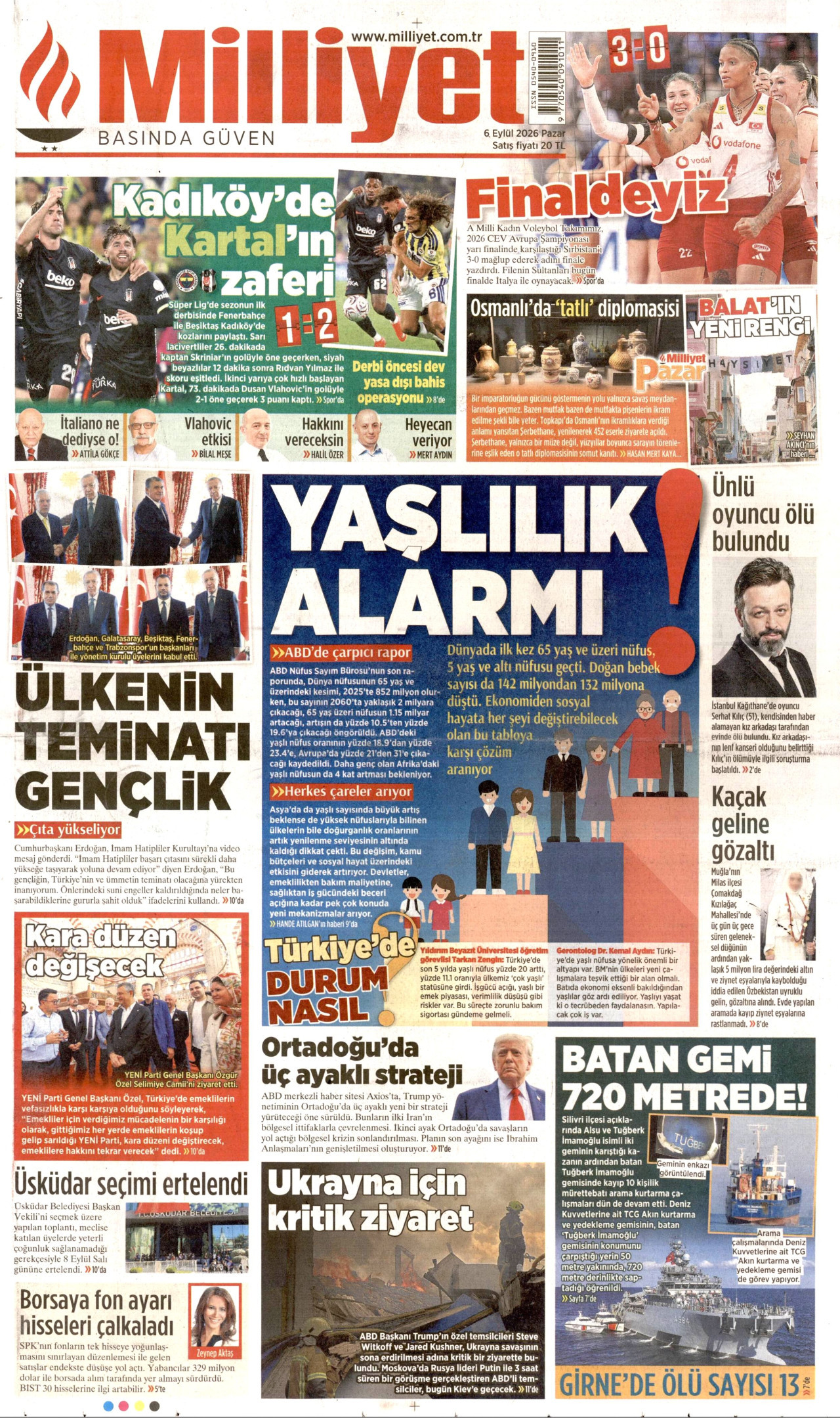 MİLLİYET gazetesinin 6 Eylül 2026 tarihli birinci sayfası