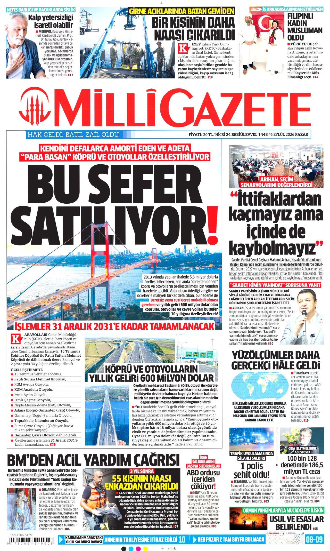 MİLLİ GAZETE gazetesinin 6 Eylül 2026 tarihli birinci sayfası