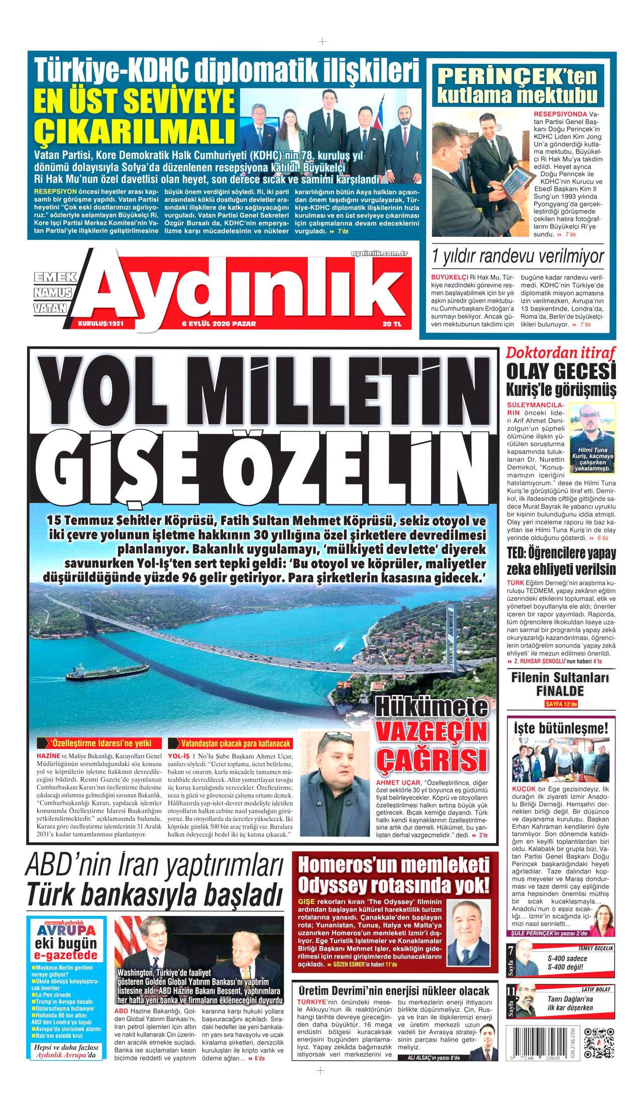 AYDINLIK GAZETESİ gazetesinin 6 Eylül 2026 tarihli birinci sayfası