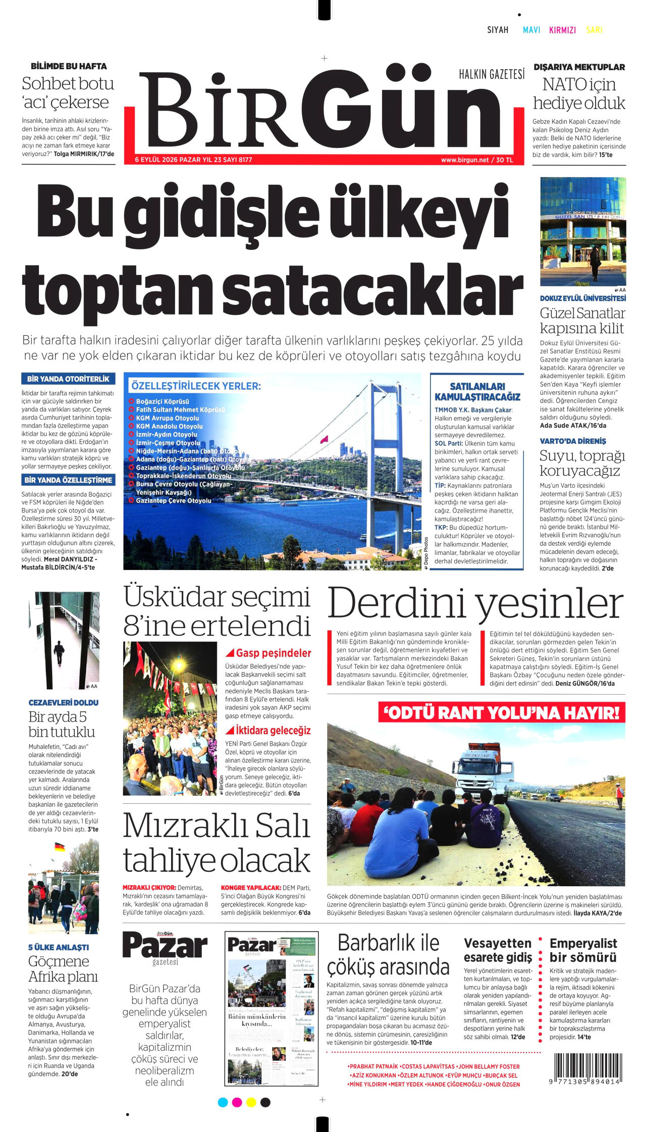 BİRGÜN gazetesinin 6 Eylül 2026 tarihli birinci sayfası