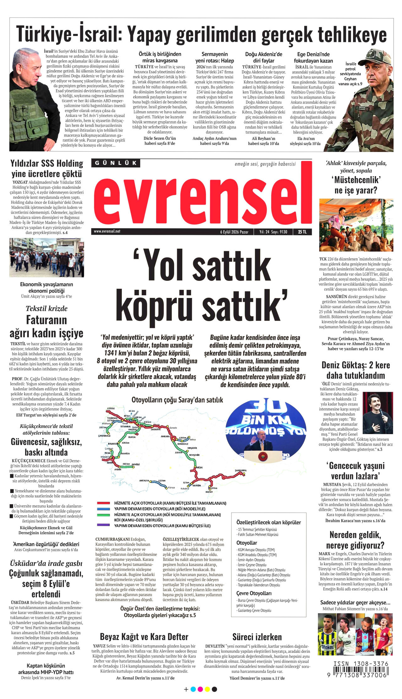 EVRENSEL gazetesinin 6 Eylül 2026 tarihli birinci sayfası