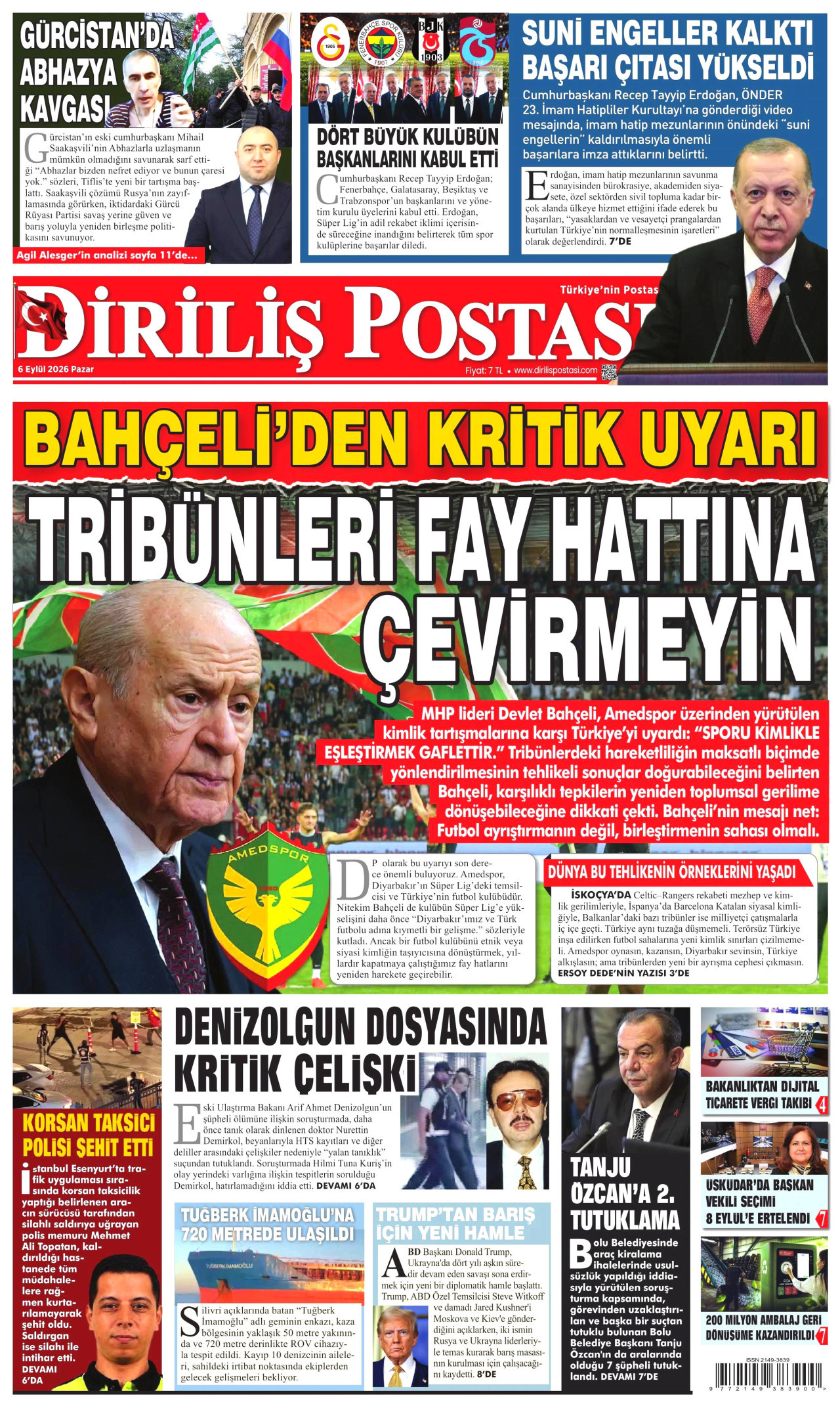 DİRİLİŞ POSTASI gazetesinin 6 Eylül 2026 tarihli birinci sayfası