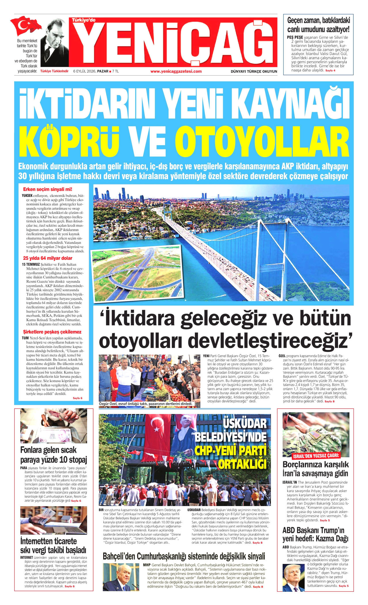 YENİÇAĞ gazetesinin 6 Eylül 2026 tarihli birinci sayfası