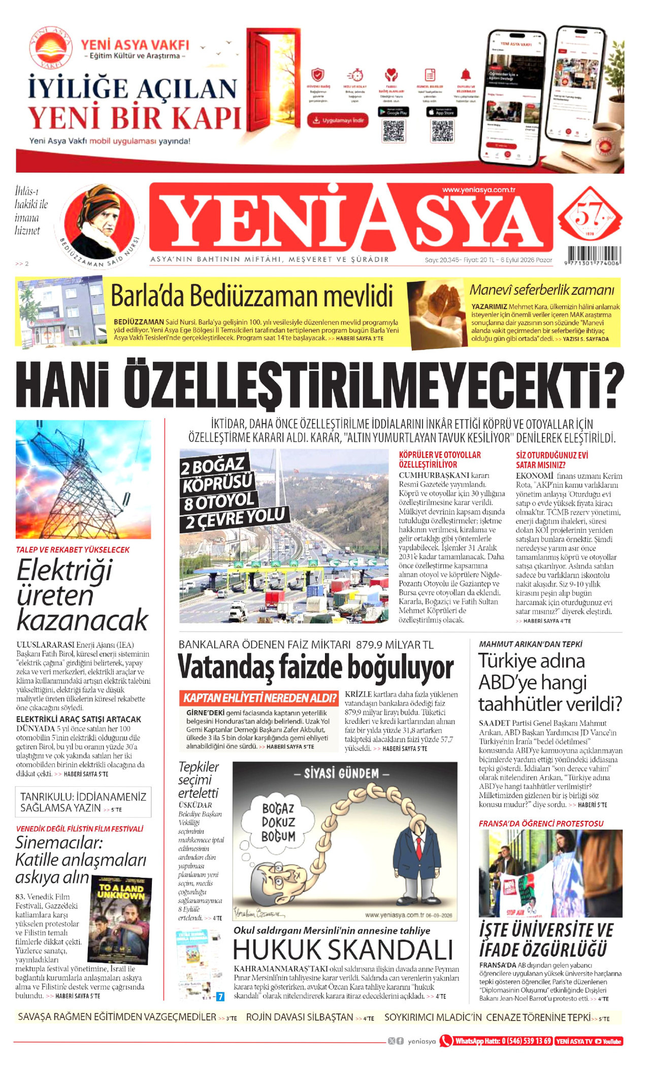 YENİ ASYA gazetesinin 6 Eylül 2026 tarihli birinci sayfası