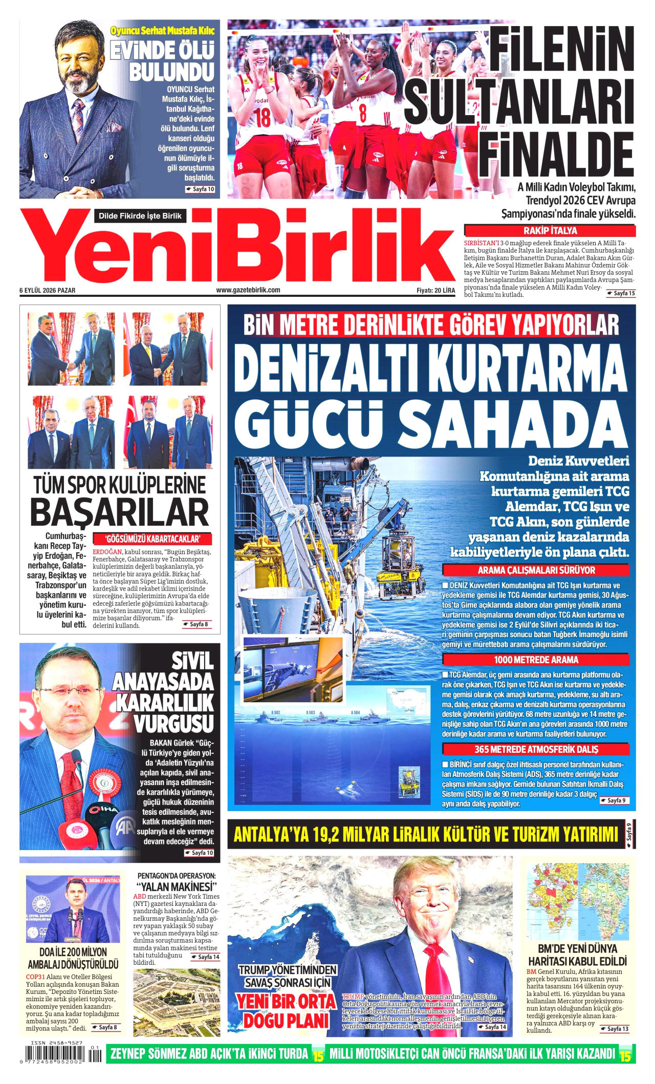 YENİBİRLİK gazetesinin 6 Eylül 2026 tarihli birinci sayfası
