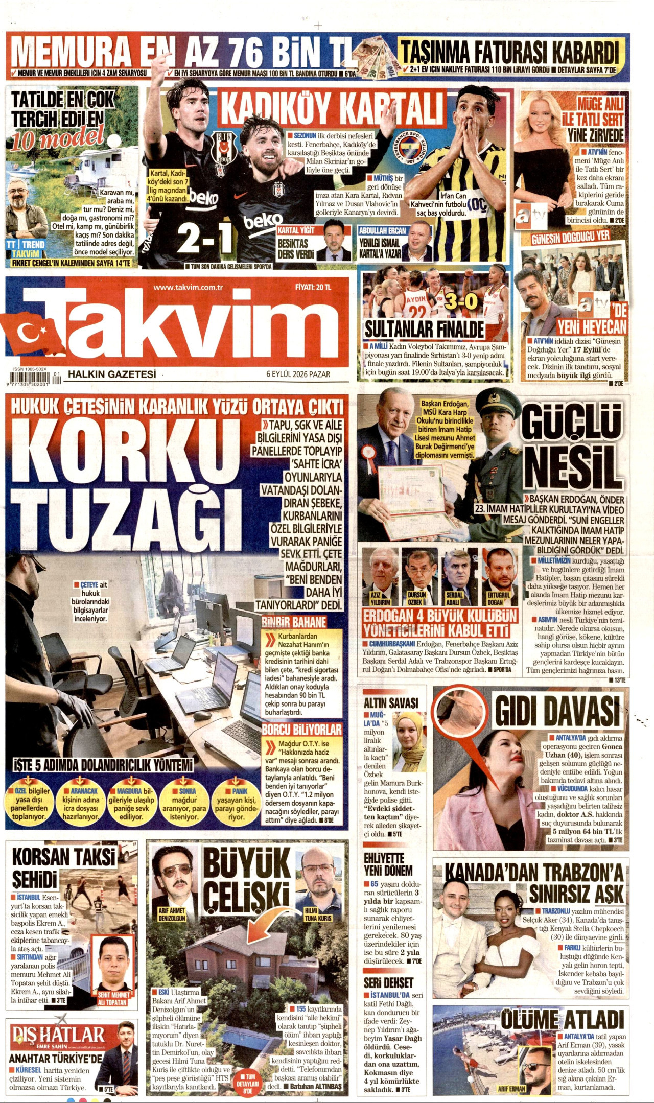 TAKVİM gazetesinin 6 Eylül 2026 tarihli birinci sayfası