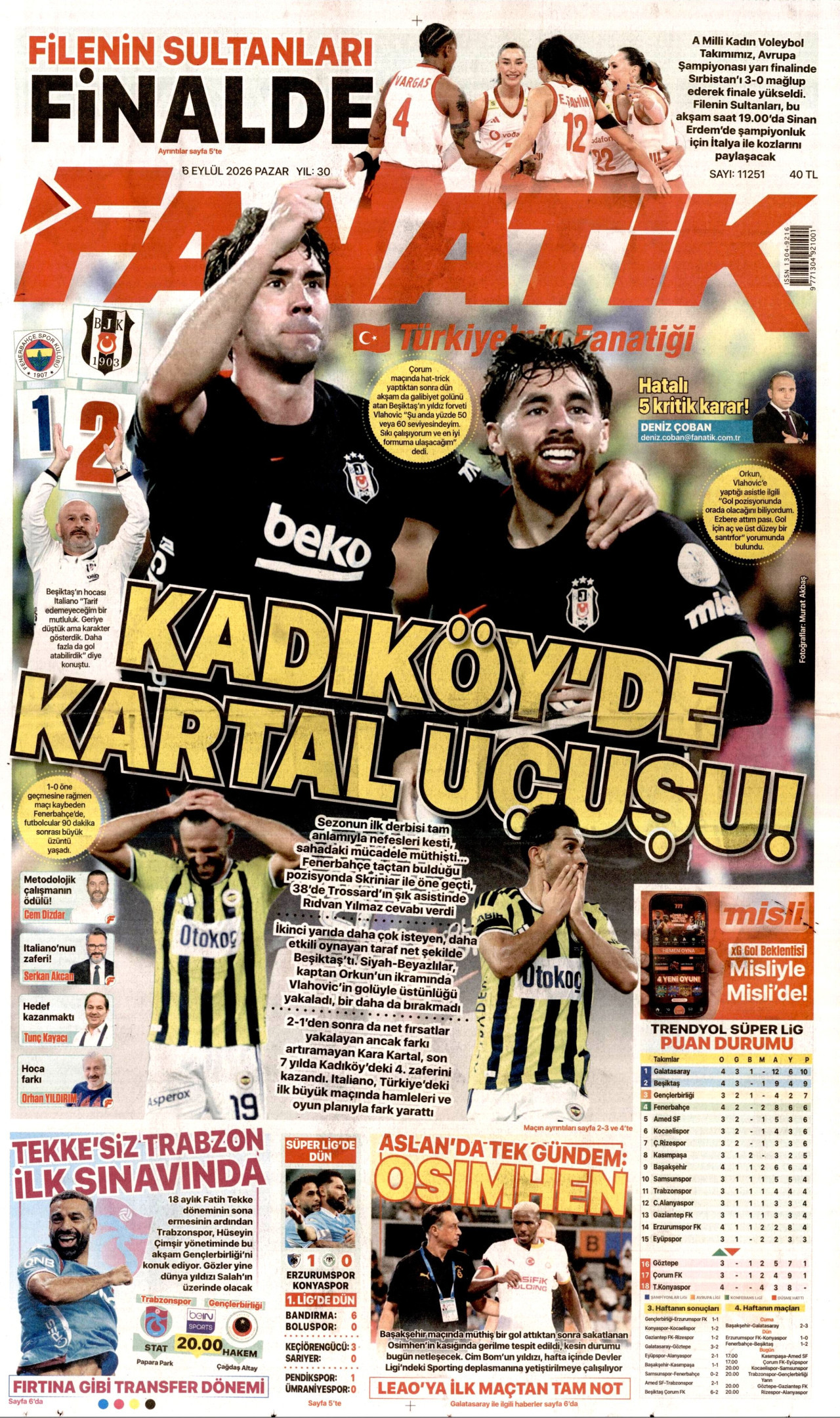 FANATİK gazetesinin 6 Eylül 2026 tarihli birinci sayfası