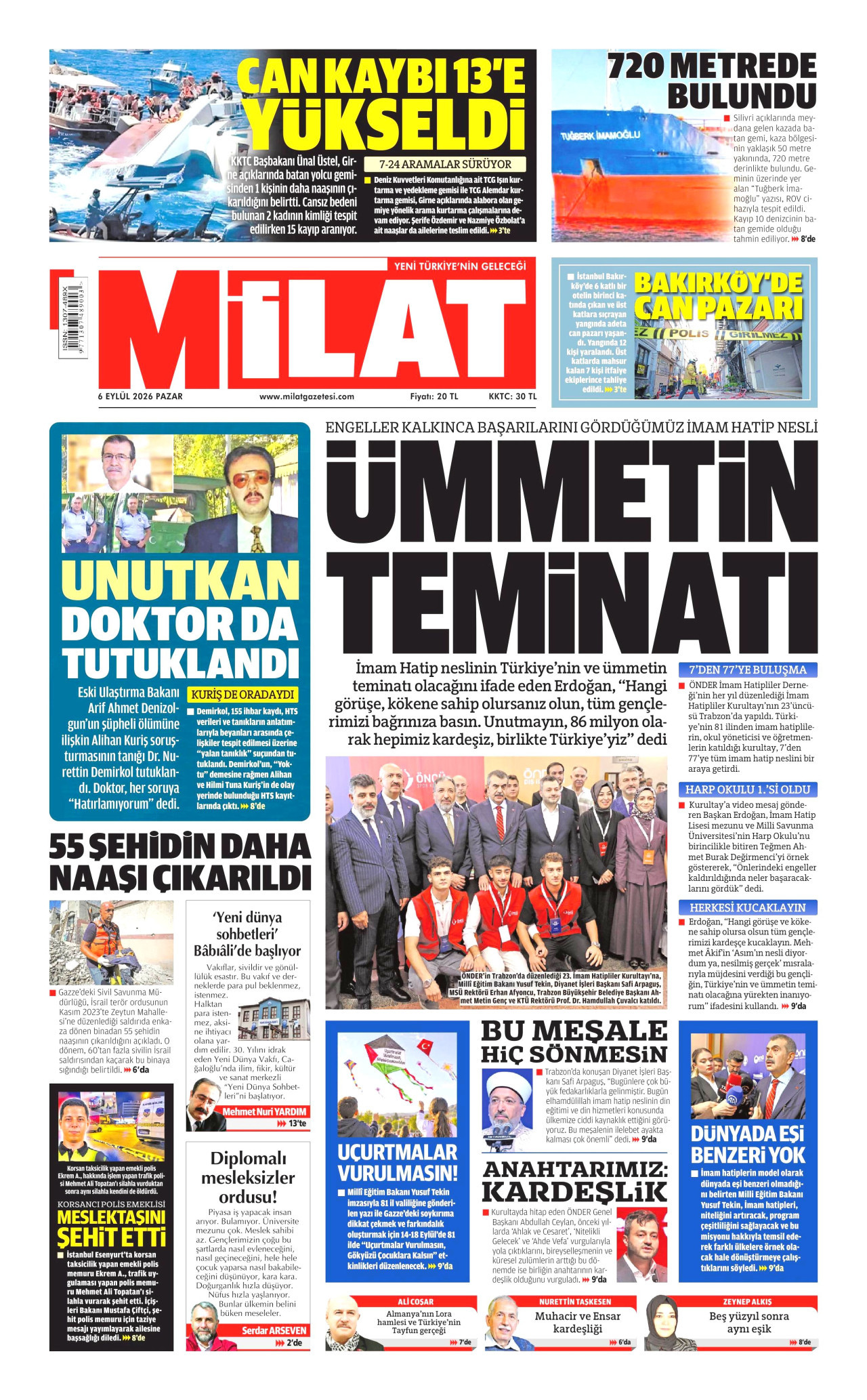 MİLAT gazetesinin 6 Eylül 2026 tarihli birinci sayfası