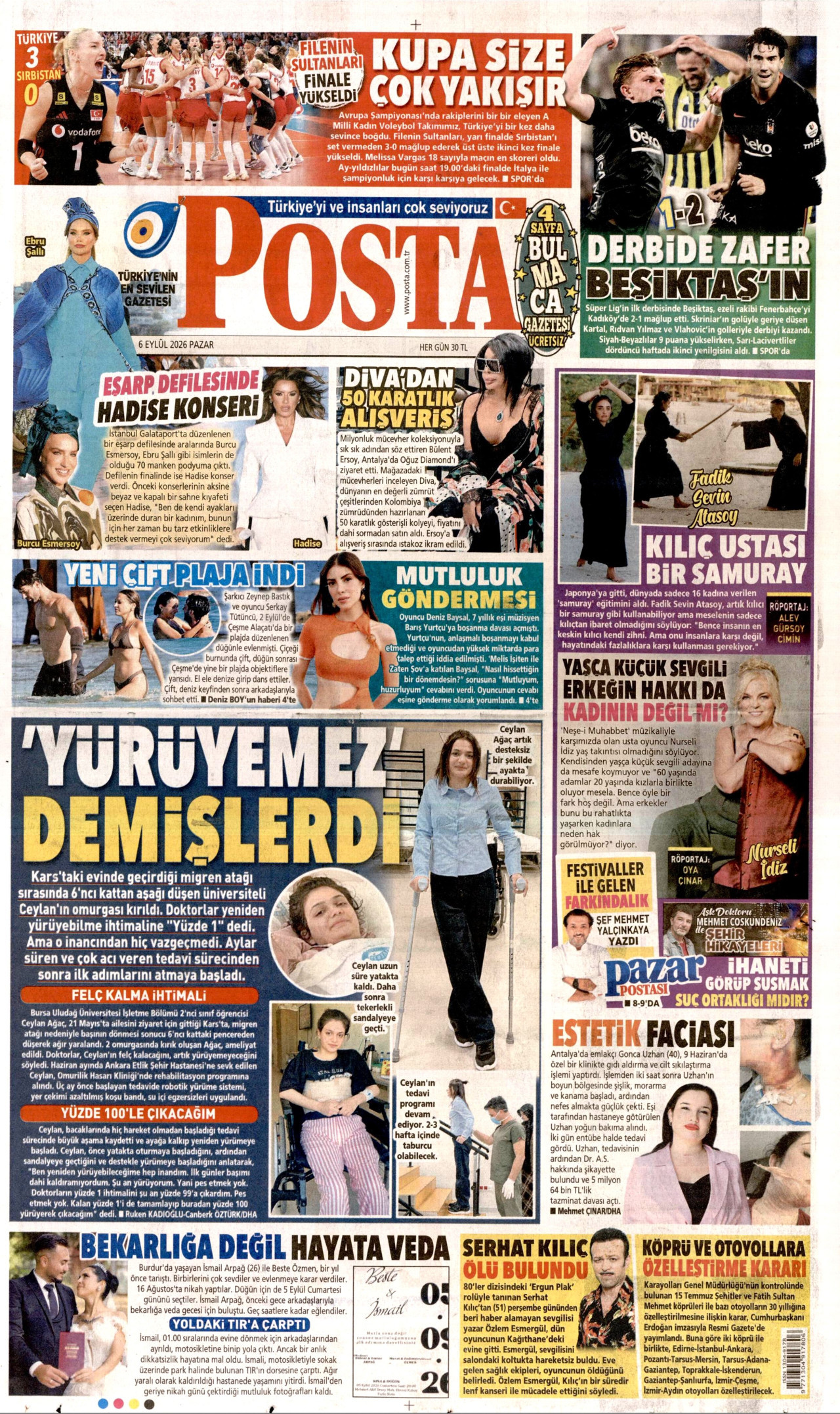 POSTA gazetesinin 6 Eylül 2026 tarihli birinci sayfası
