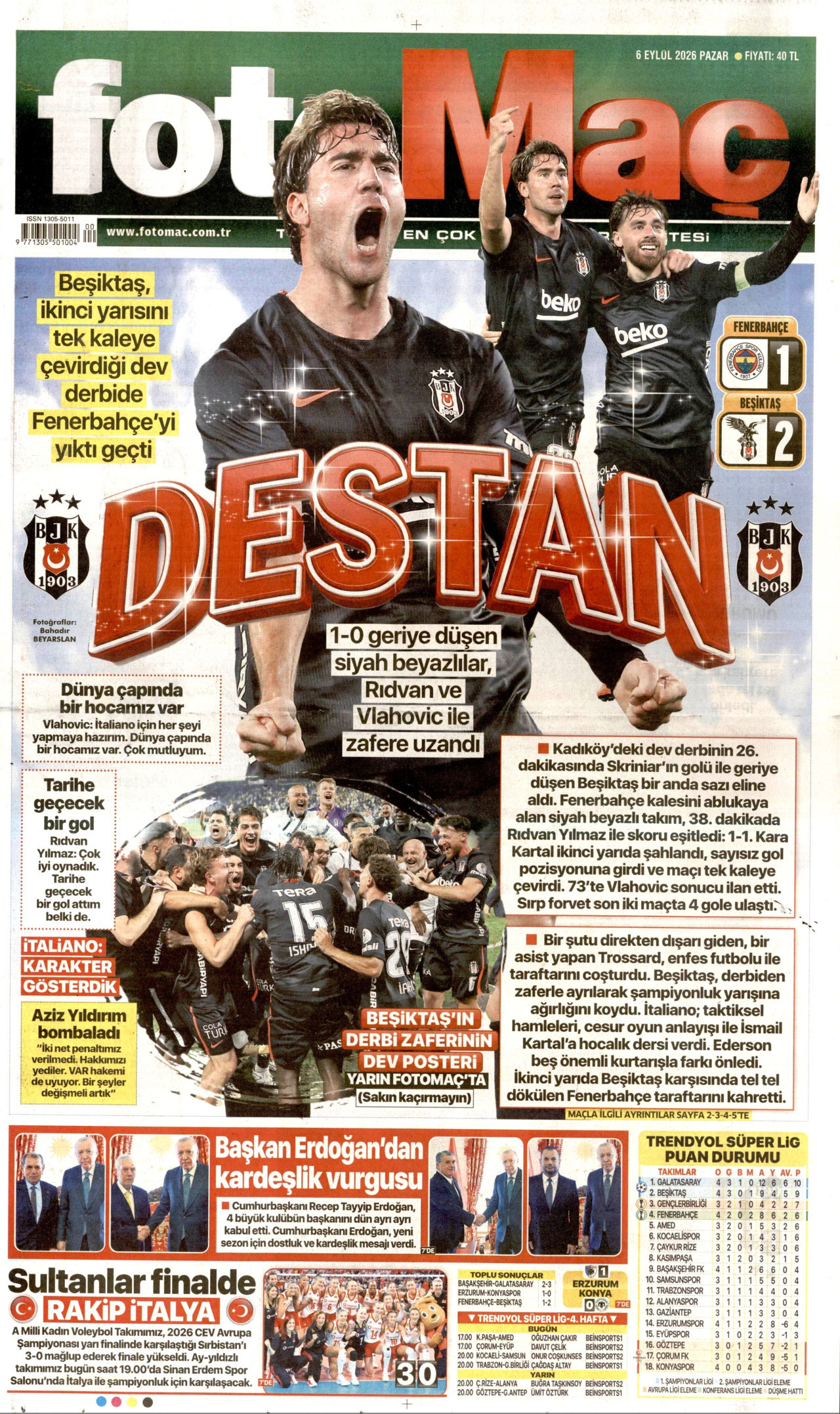FOTOMAÇ gazetesinin 6 Eylül 2026 tarihli birinci sayfası