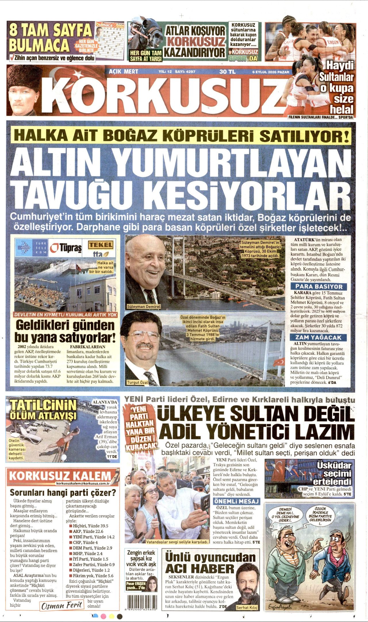 KORKUSUZ gazetesinin 6 Eylül 2026 tarihli birinci sayfası