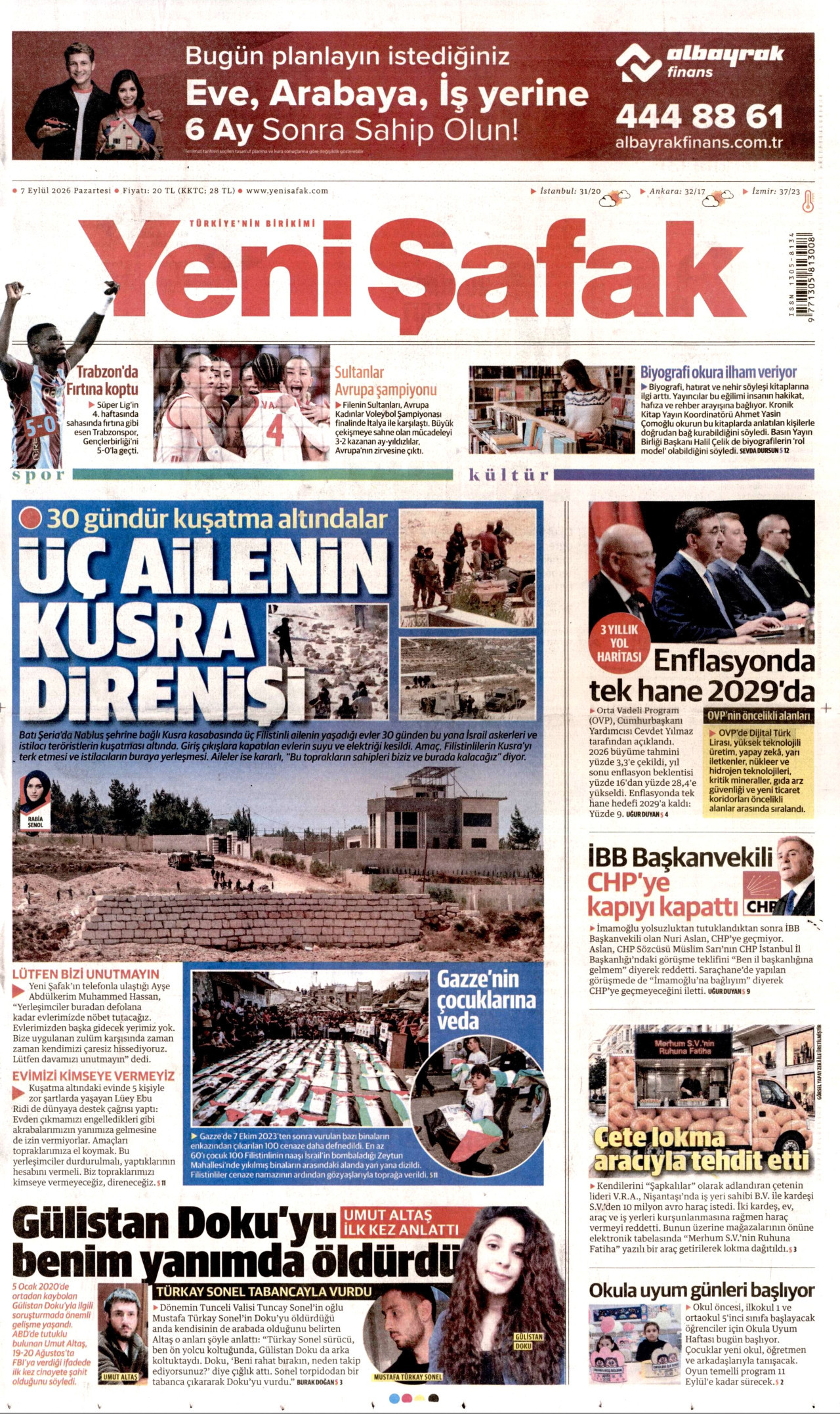 YENİ ŞAFAK gazetesinin 7 Eylül 2026 tarihli birinci sayfası