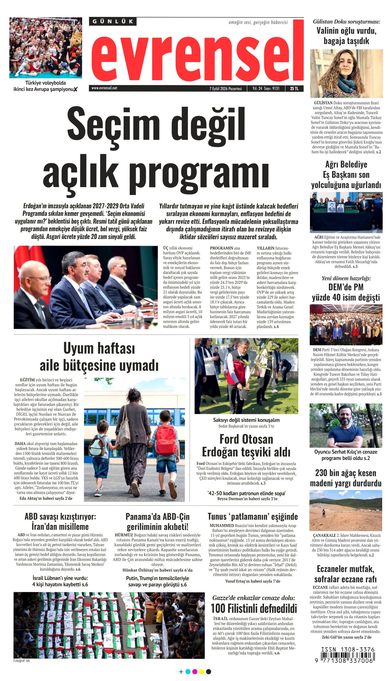 EVRENSEL gazetesinin 7 Eylül 2026 tarihli birinci sayfası