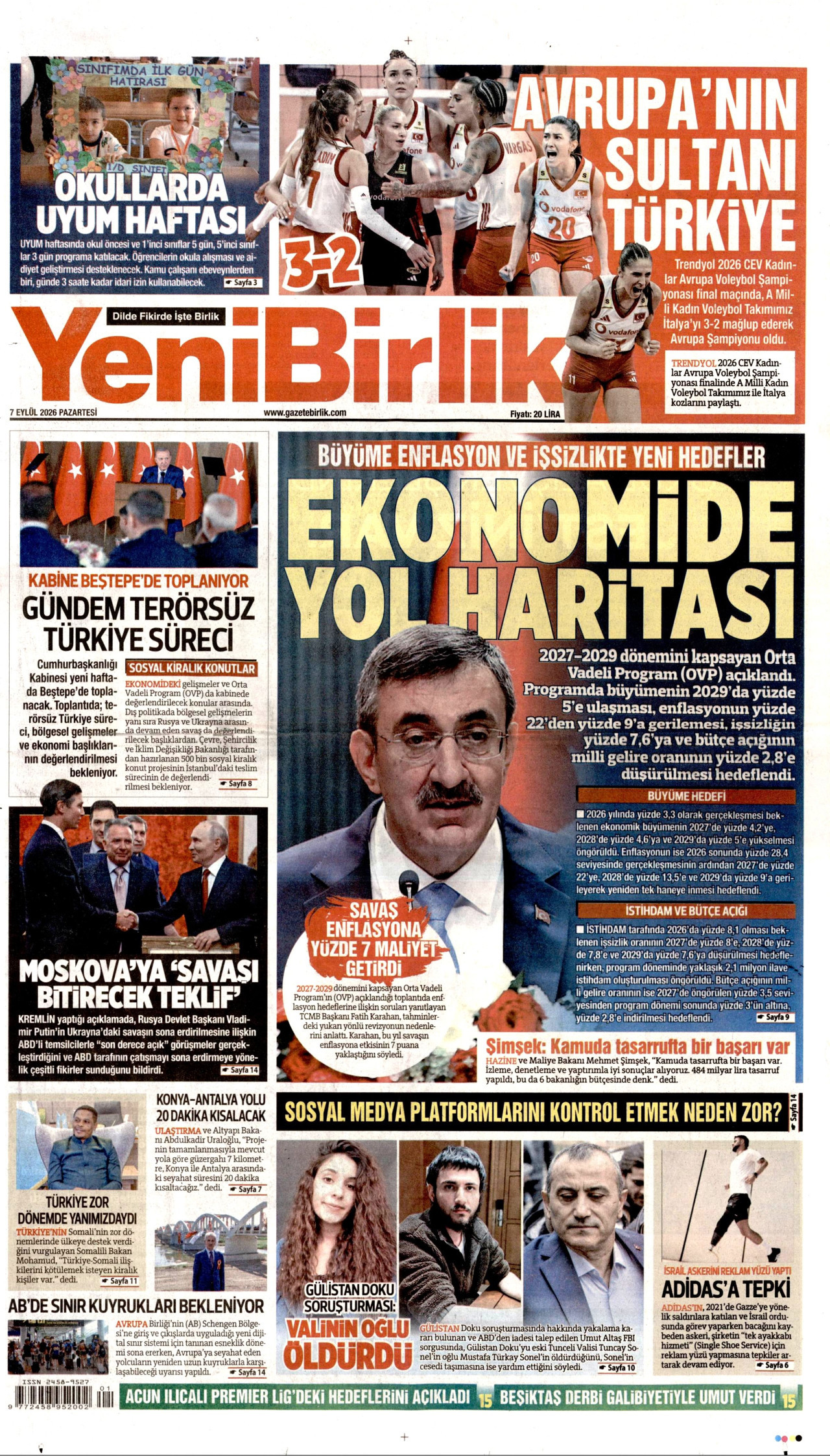 YENİBİRLİK gazetesinin 7 Eylül 2026 tarihli birinci sayfası