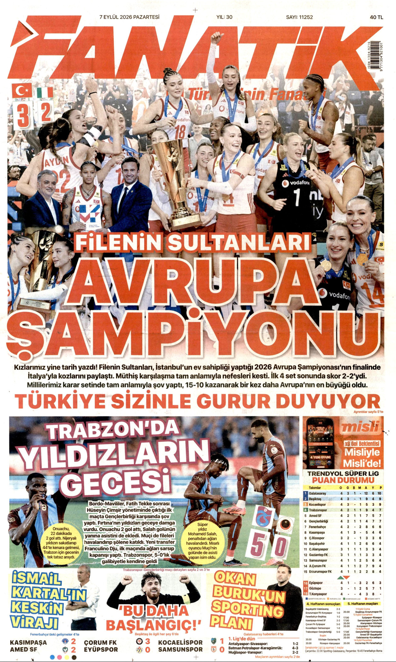 FANATİK gazetesinin 7 Eylül 2026 tarihli birinci sayfası