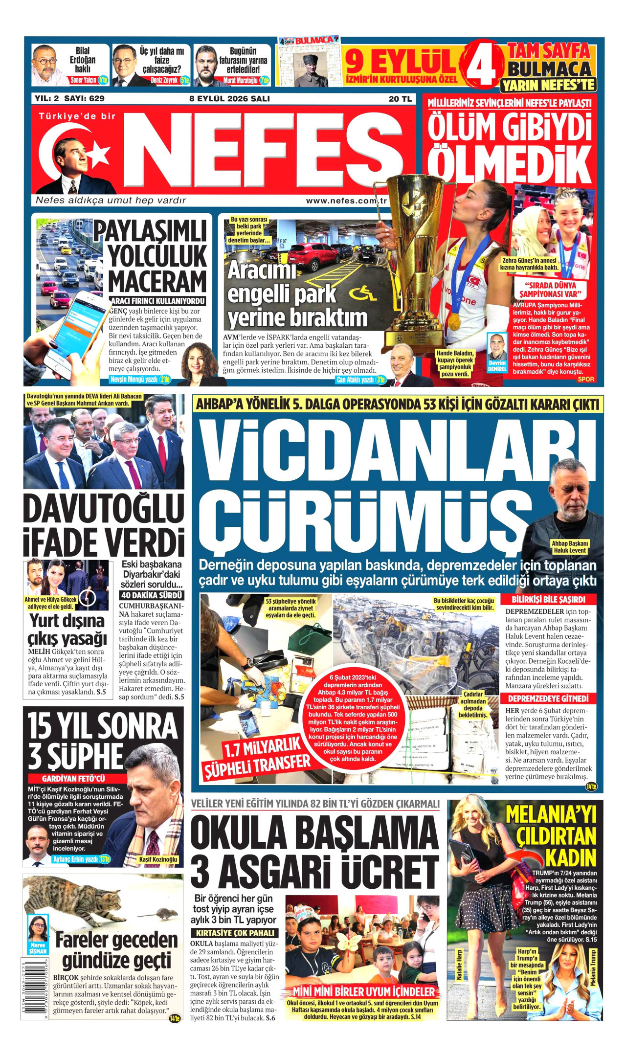 NEFES gazetesinin 8 Eylül 2026 tarihli birinci sayfası