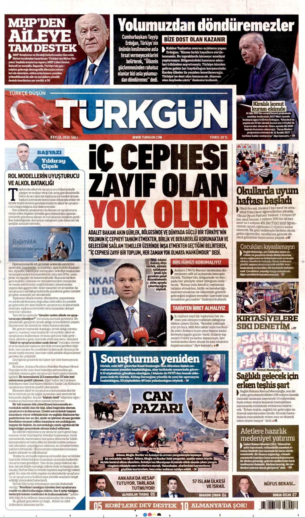 TÜRKGÜN gazetesinin 8 Eylül 2026 tarihli birinci sayfası