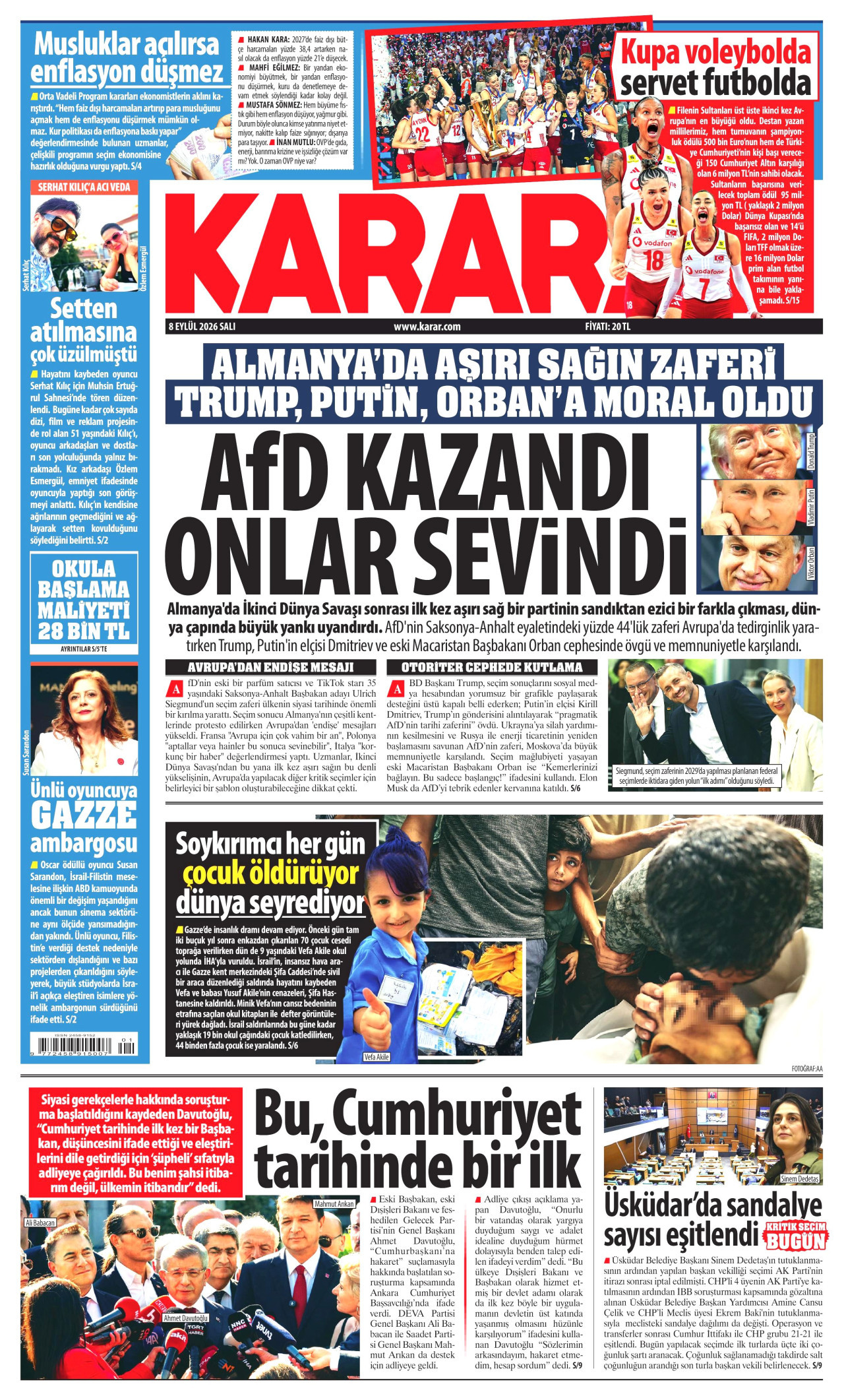 KARAR gazetesinin 8 Eylül 2026 tarihli birinci sayfası
