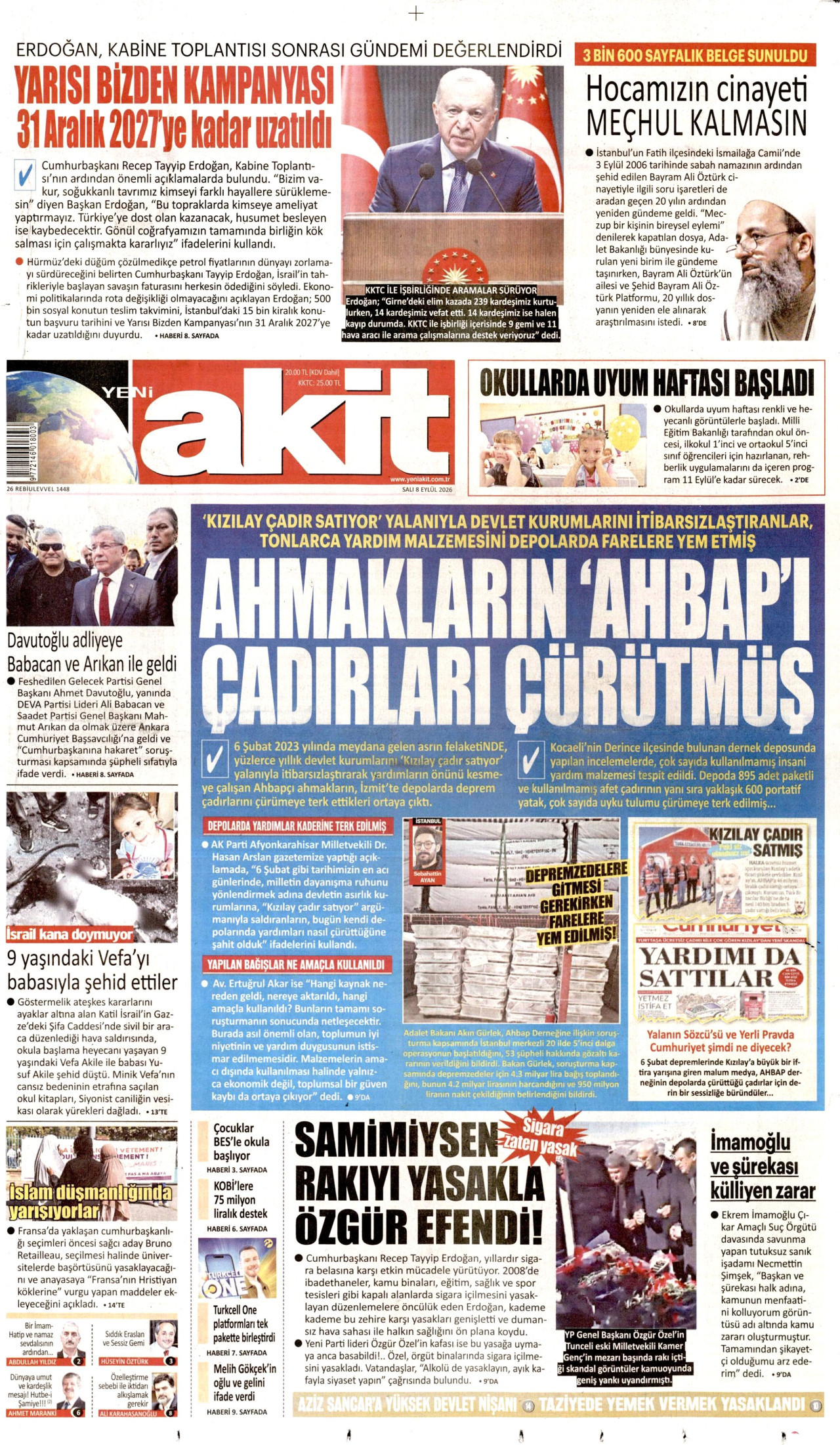 YENİ AKİT gazetesinin 8 Eylül 2026 tarihli birinci sayfası