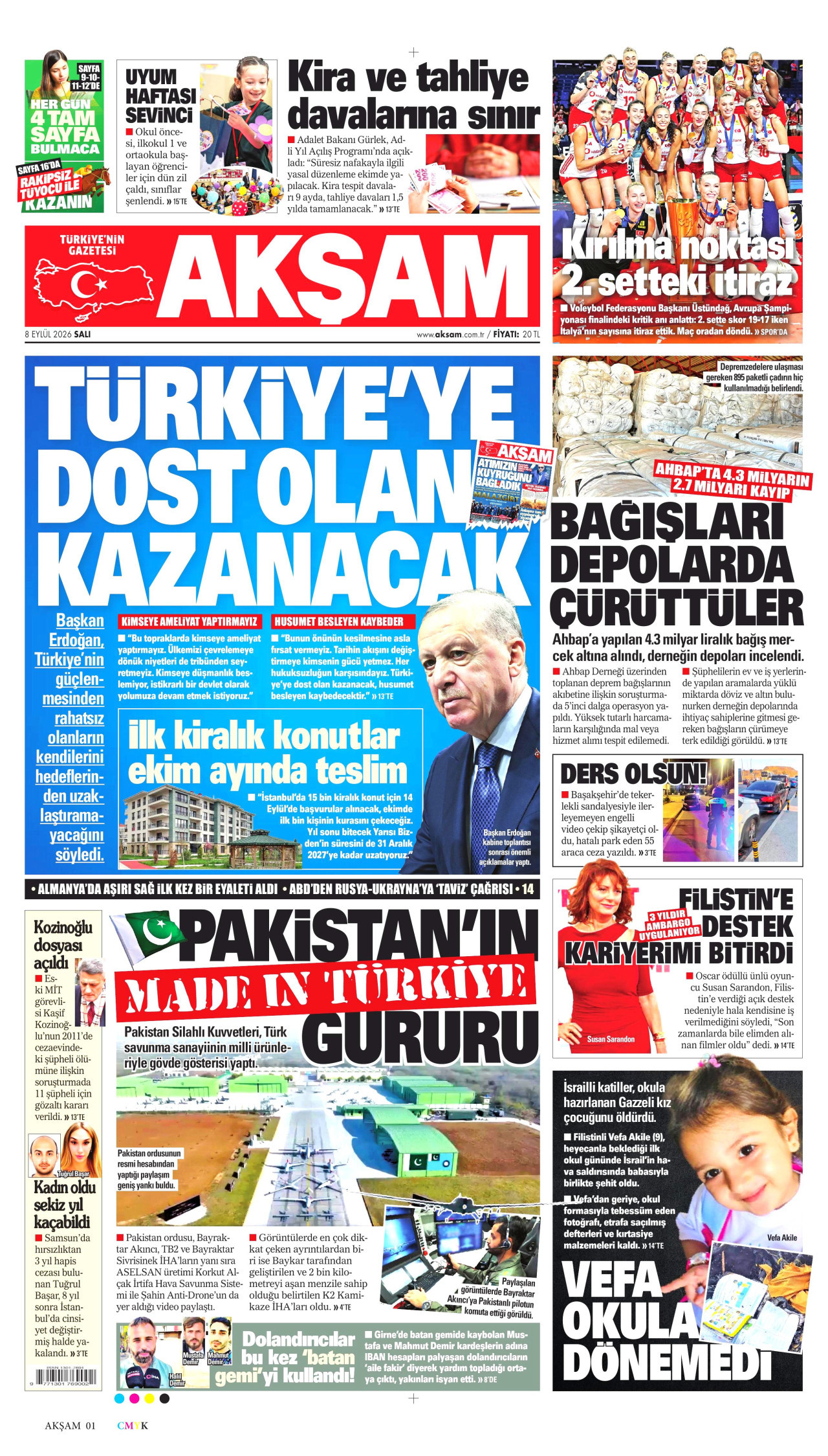 AKŞAM gazetesinin 8 Eylül 2026 tarihli birinci sayfası