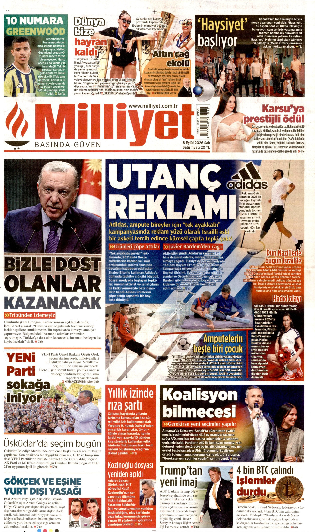 MİLLİYET gazetesinin 8 Eylül 2026 tarihli birinci sayfası