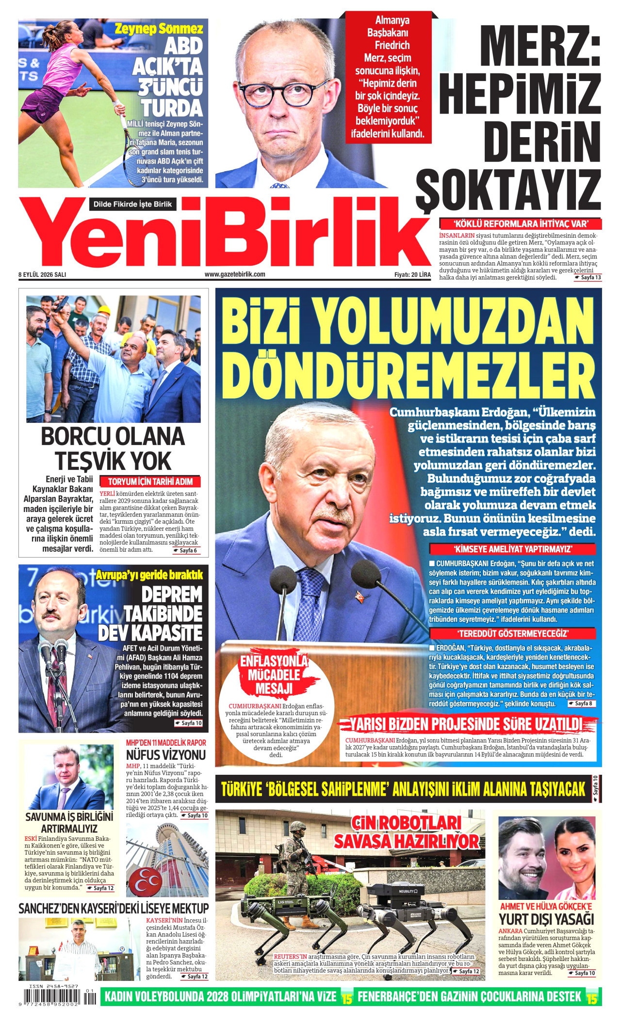 YENİBİRLİK gazetesinin 8 Eylül 2026 tarihli birinci sayfası