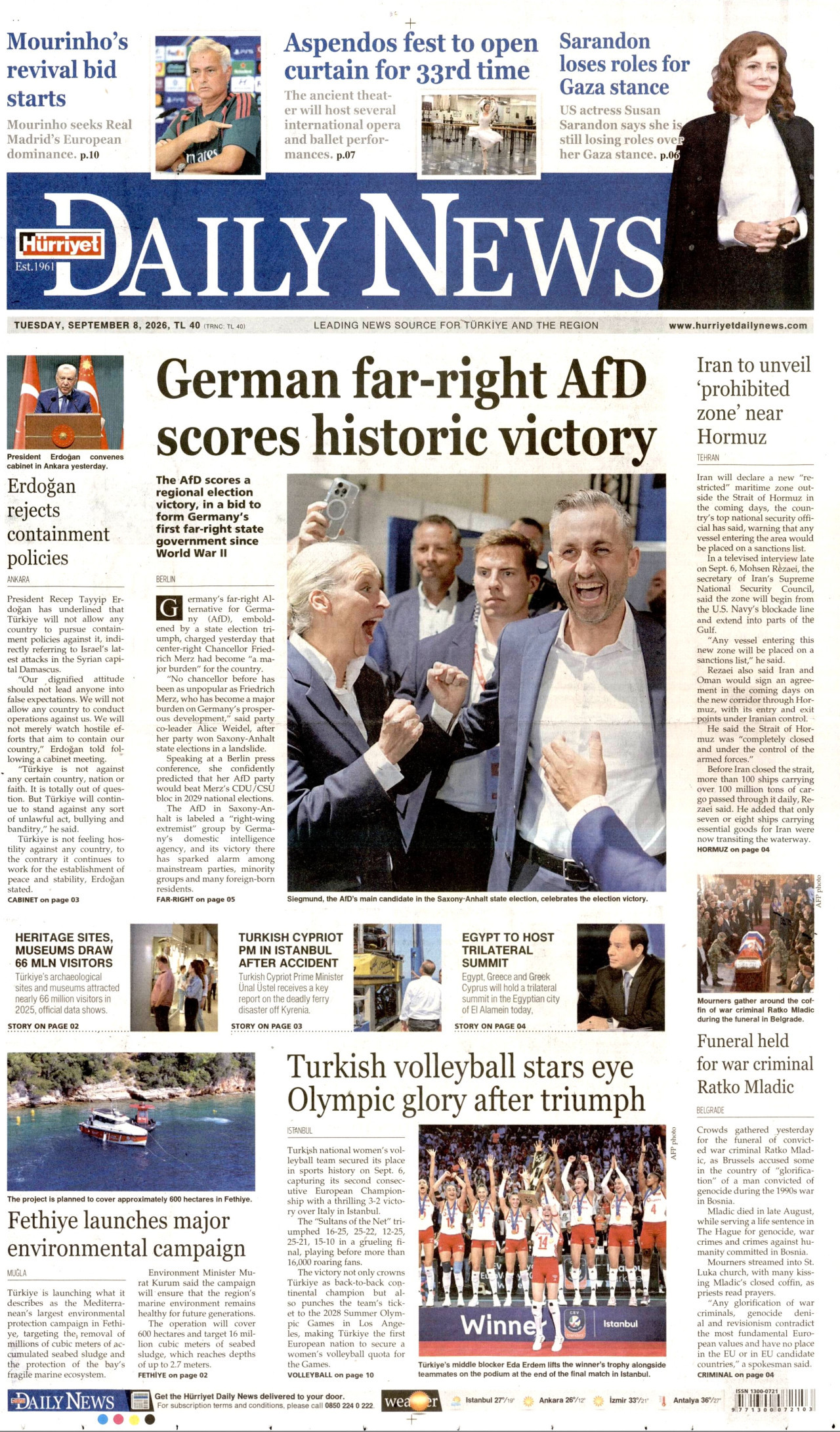 HÜRRİYET DAİLY NEWS gazetesinin 8 Eylül 2026 tarihli birinci sayfası