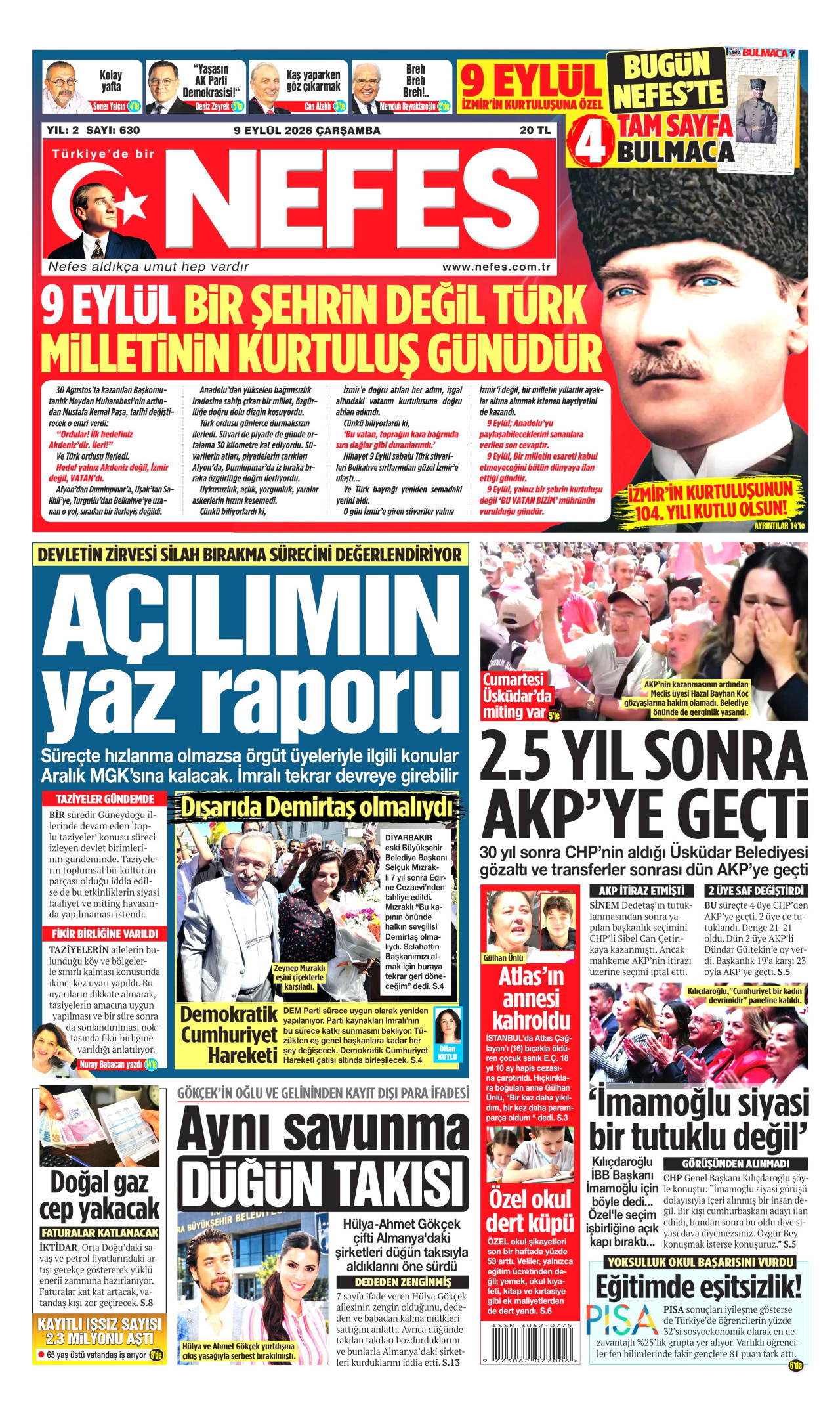 NEFES gazetesinin 9 Eylül 2026 tarihli birinci sayfası