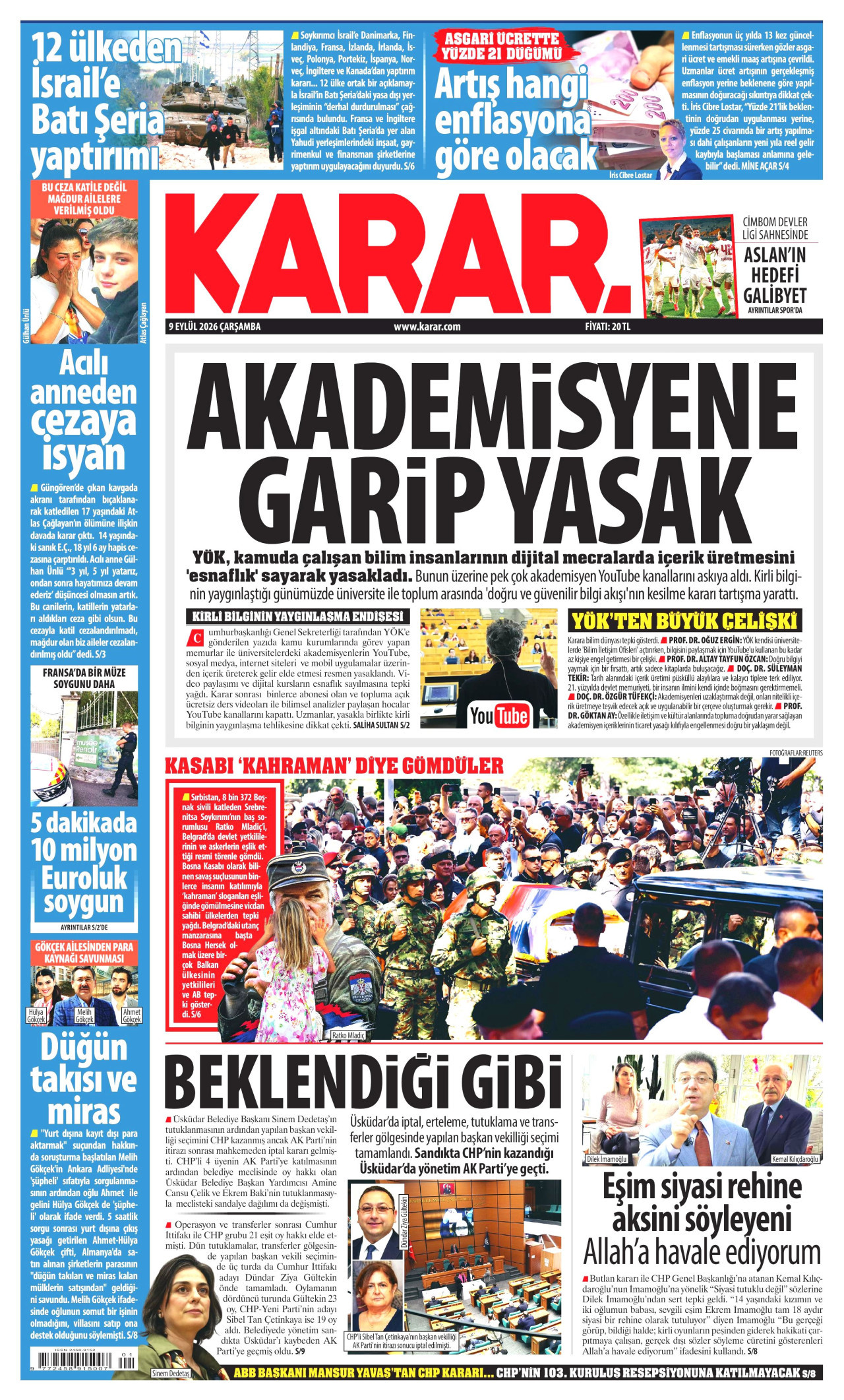 KARAR gazetesinin 9 Eylül 2026 tarihli birinci sayfası