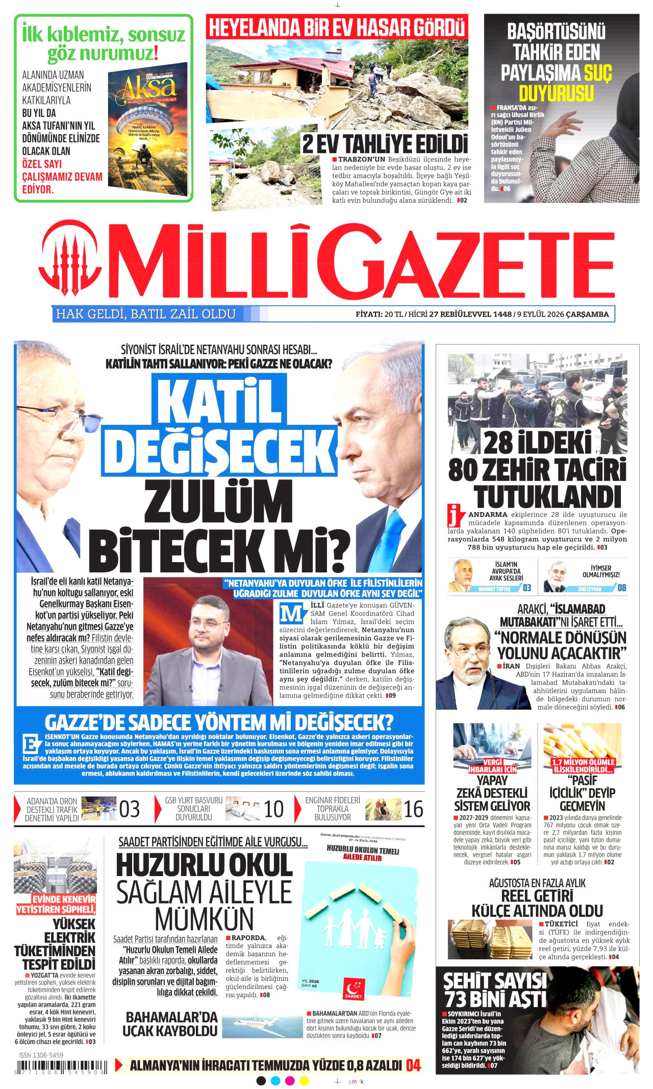 MİLLİ GAZETE gazetesinin 9 Eylül 2026 tarihli birinci sayfası