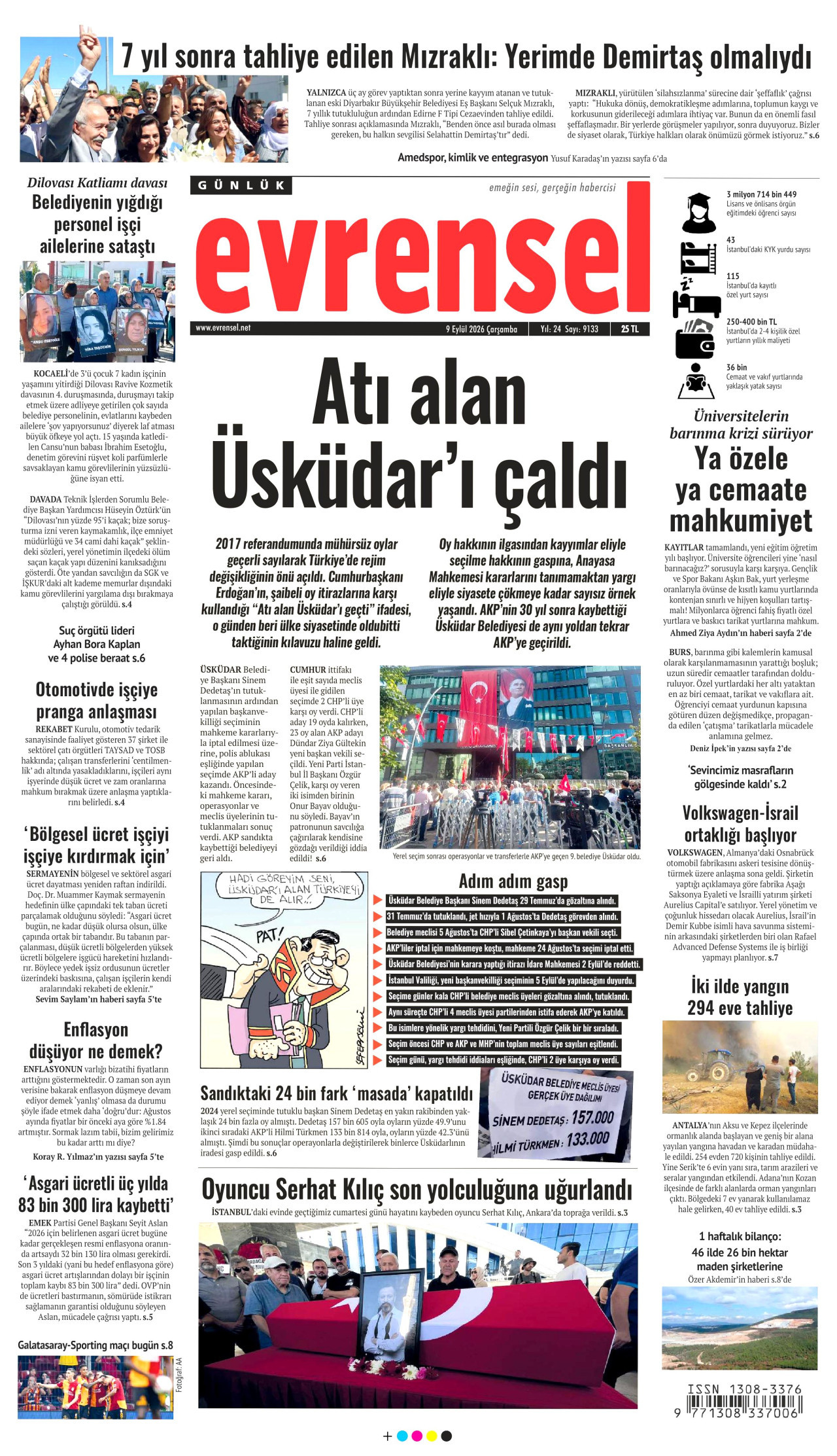EVRENSEL gazetesinin 9 Eylül 2026 tarihli birinci sayfası