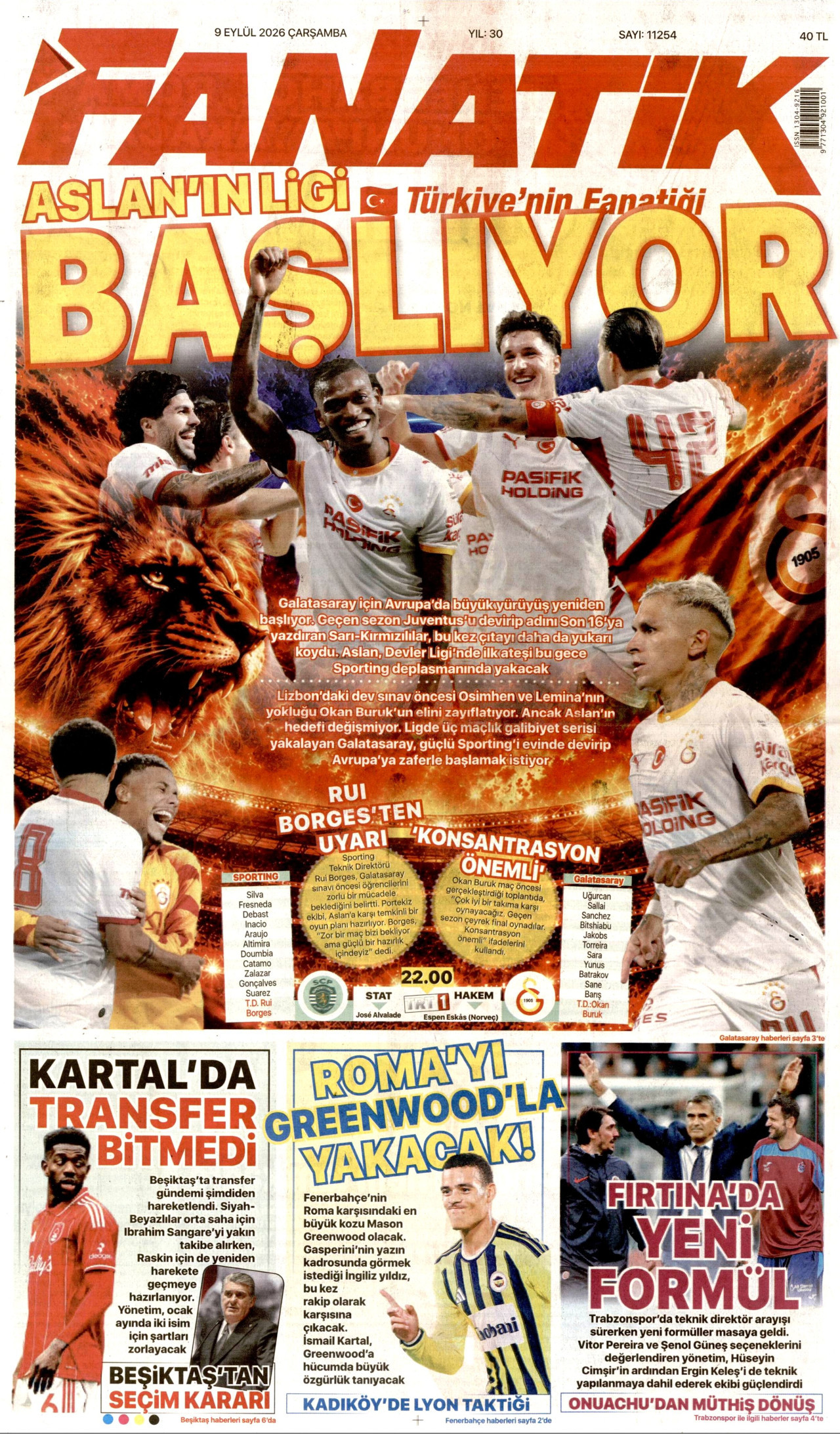 FANATİK gazetesinin 9 Eylül 2026 tarihli birinci sayfası