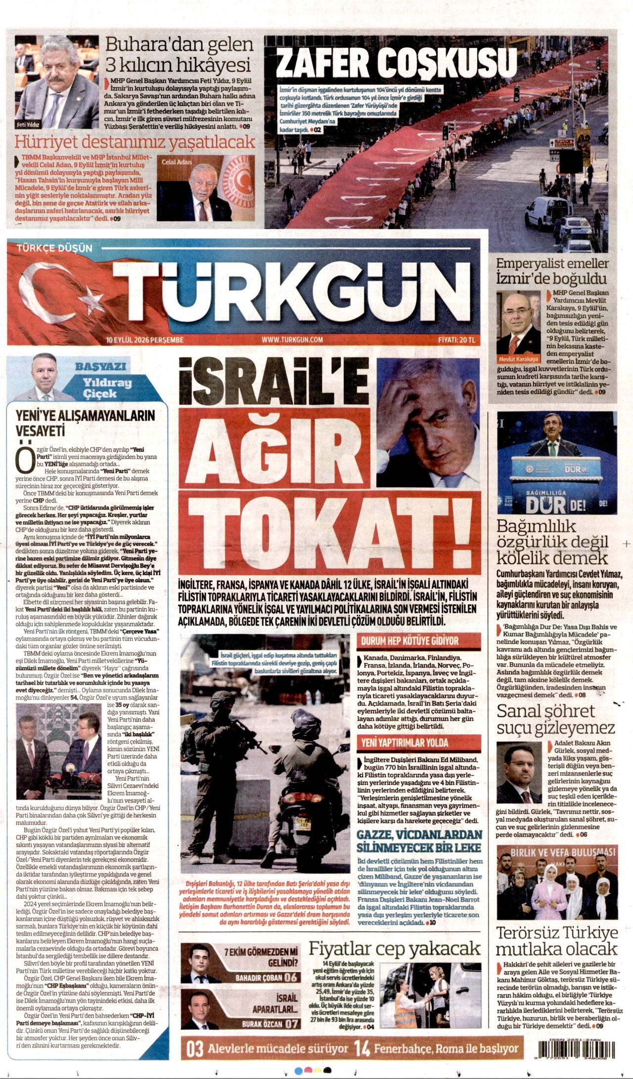 TÜRKGÜN gazetesinin 10 Eylül 2026 tarihli birinci sayfası