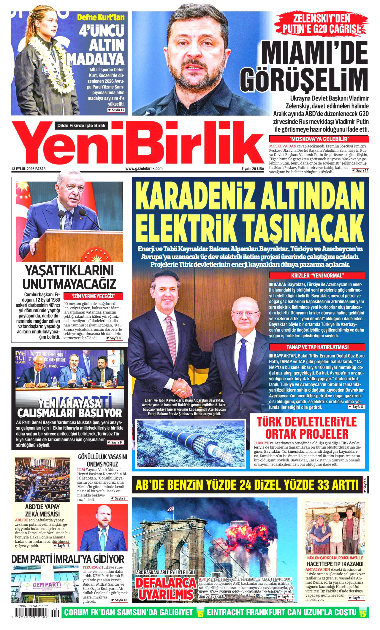 YENİBİRLİK gazetesinin 13 Eylül 2026 tarihli birinci sayfası