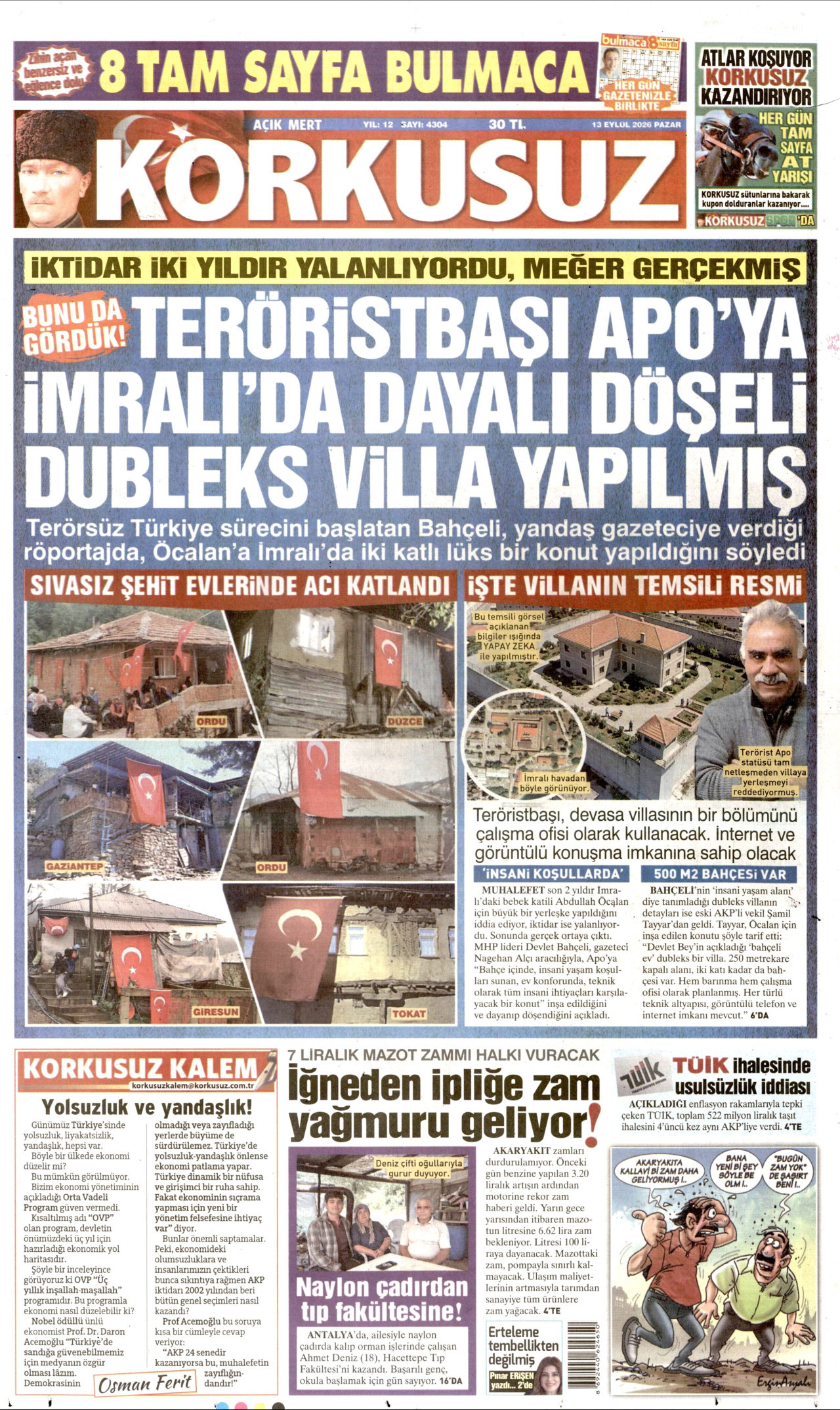 KORKUSUZ gazetesinin 13 Eylül 2026 tarihli birinci sayfası
