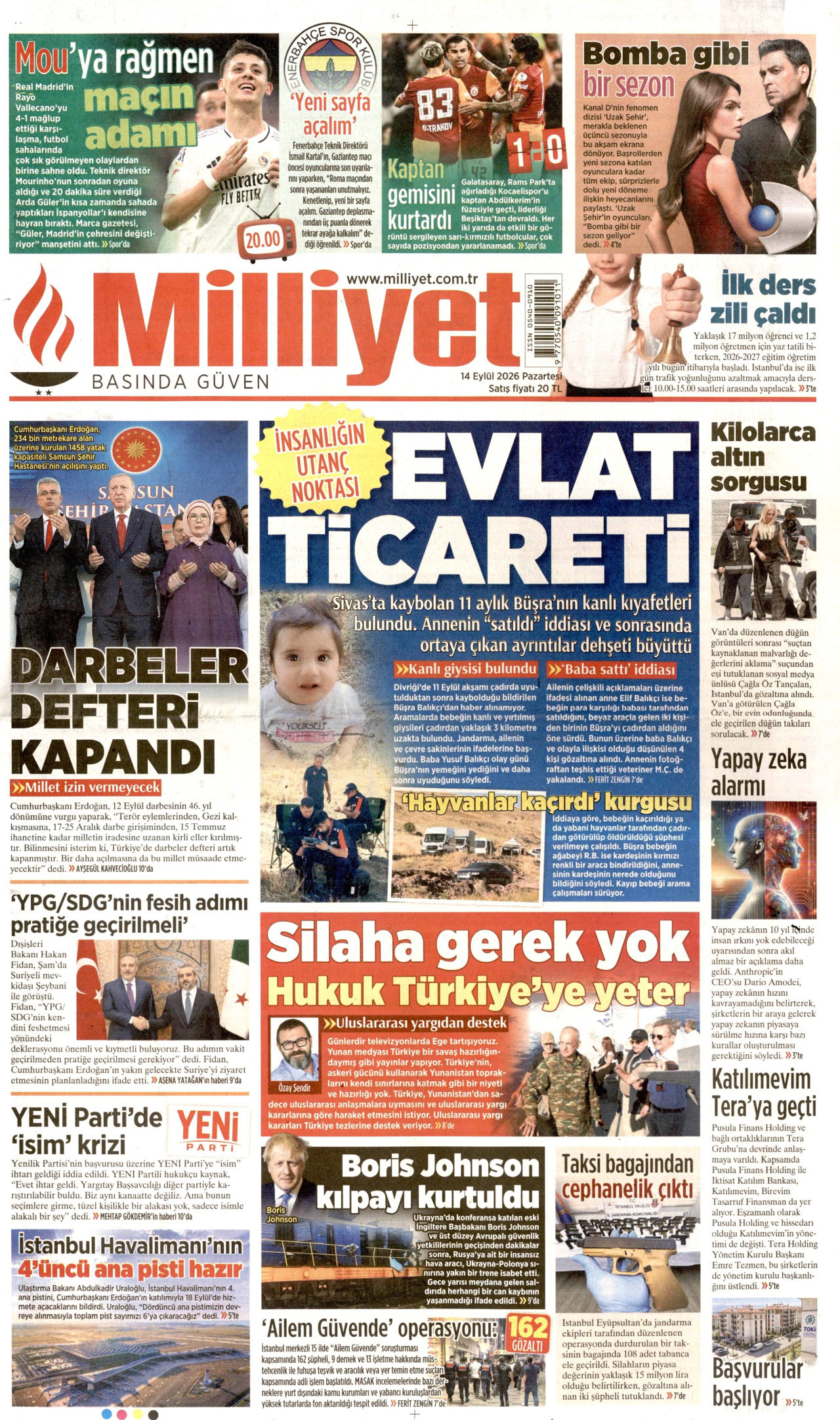 MİLLİYET gazetesinin 14 Eylül 2026 tarihli birinci sayfası