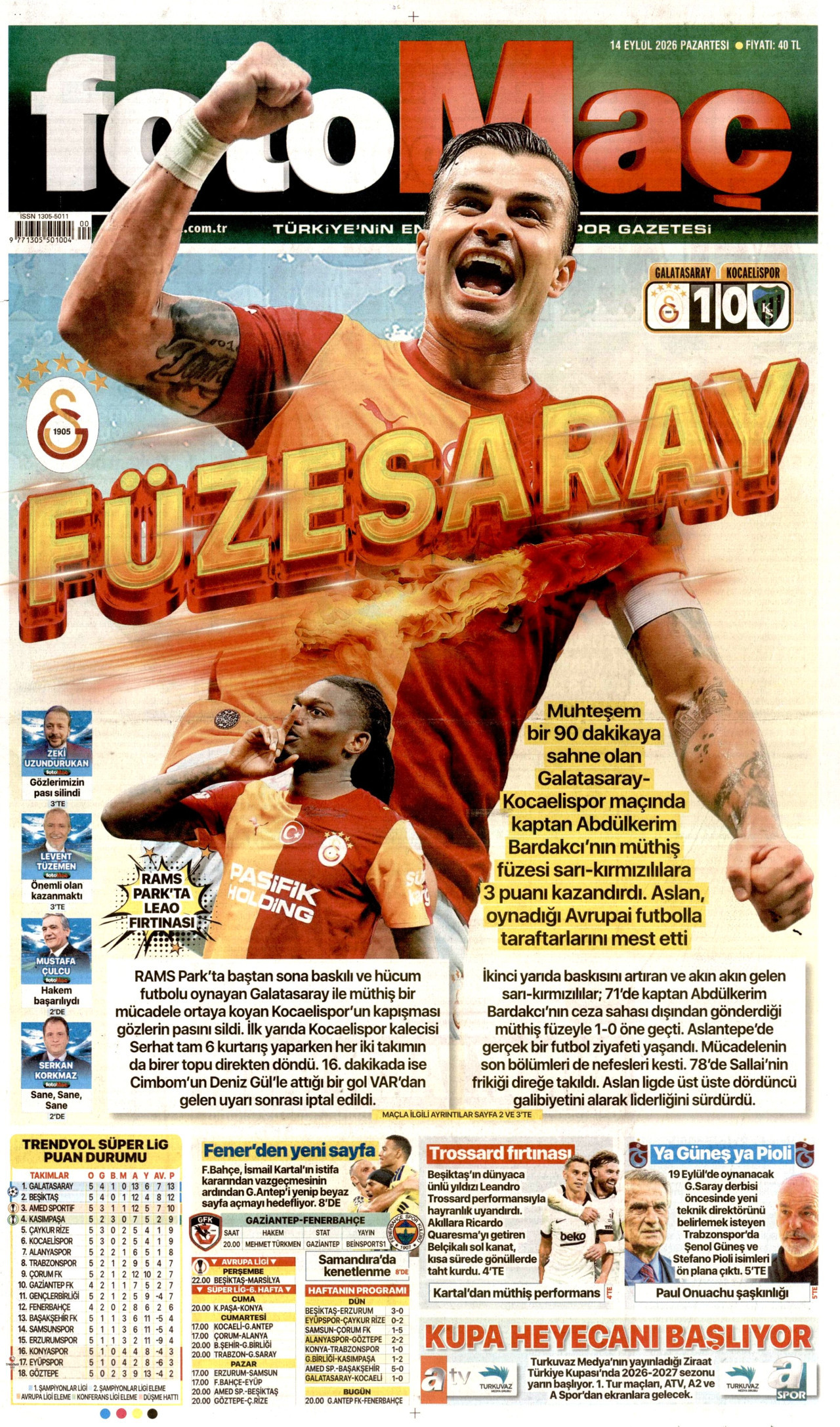 FOTOMAÇ gazetesinin 14 Eylül 2026 tarihli birinci sayfası
