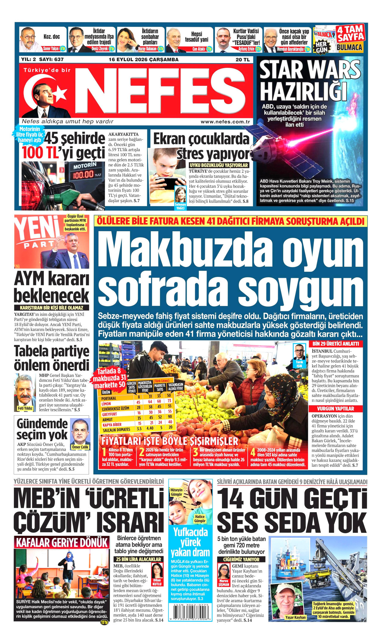 NEFES 16 Eylül 2026 Gazete Manşeti Büyük