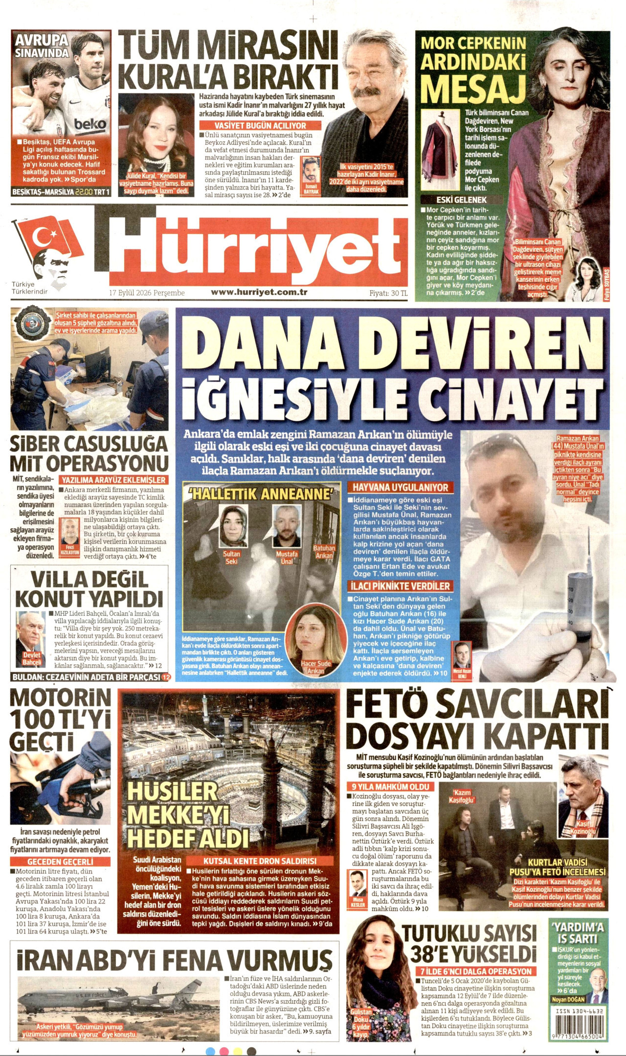 HÜRRİYET gazetesinin 17 Eylül 2026 tarihli birinci sayfası